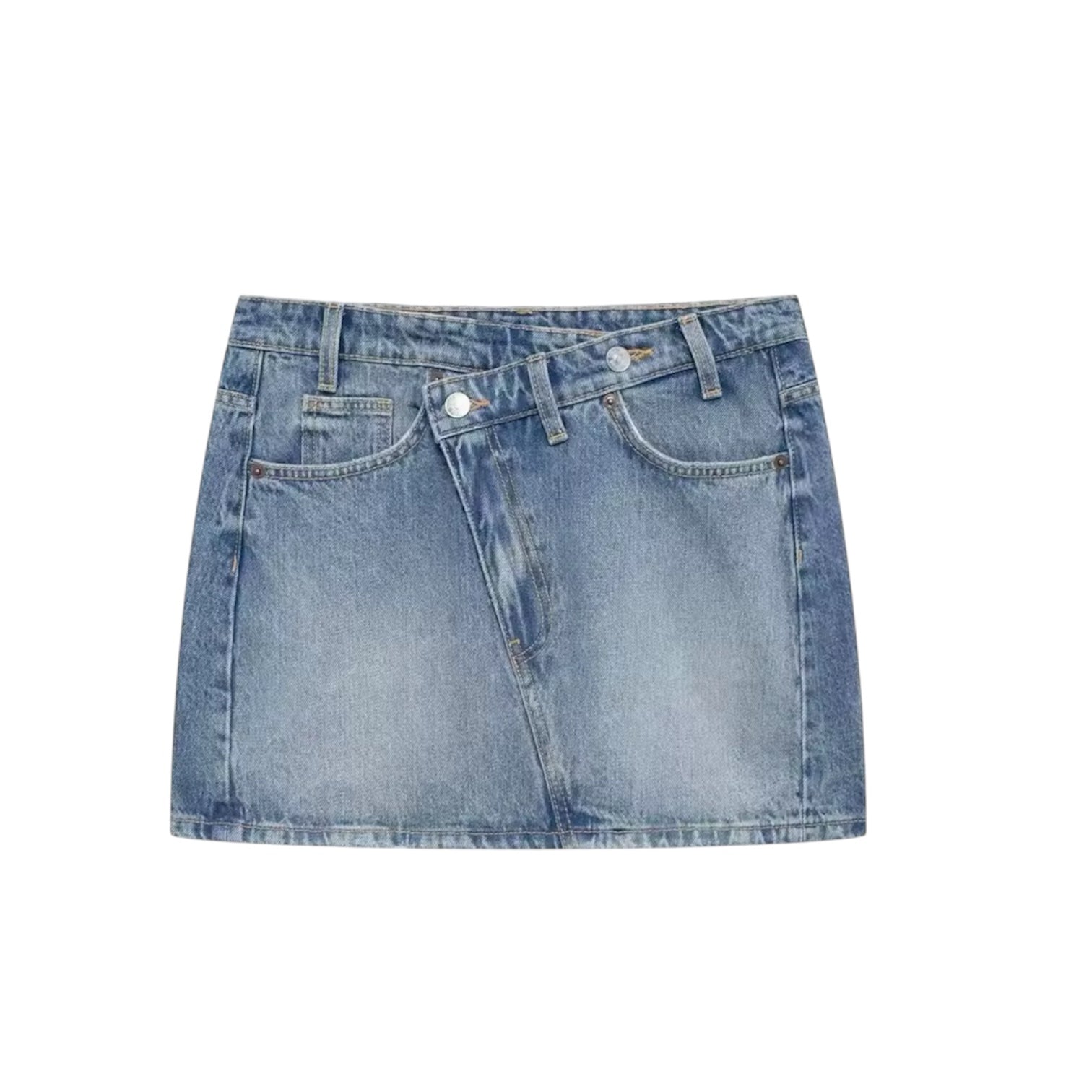 Light wash blue faded vintage asymmetric stitch low-rise denim jean mini skirt, slim fit pencil sheath short skirt with pockets. Sexy chic trendy retro western country streetwear casual party club outfit 2025. Ships worldwide to US, UK, EU, AU, Canada and more.