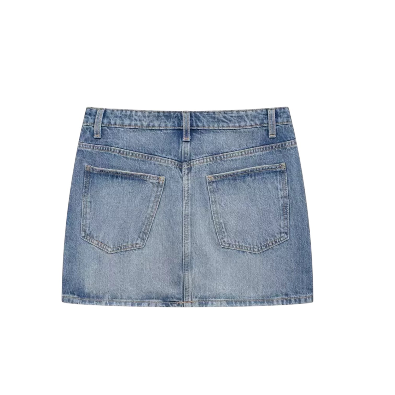 Light wash blue faded vintage asymmetric stitch low-rise denim jean mini skirt, slim fit pencil sheath short skirt with pockets. Sexy chic trendy retro western country streetwear casual party club outfit 2025. Ships worldwide to US, UK, EU, AU, Canada and more.
