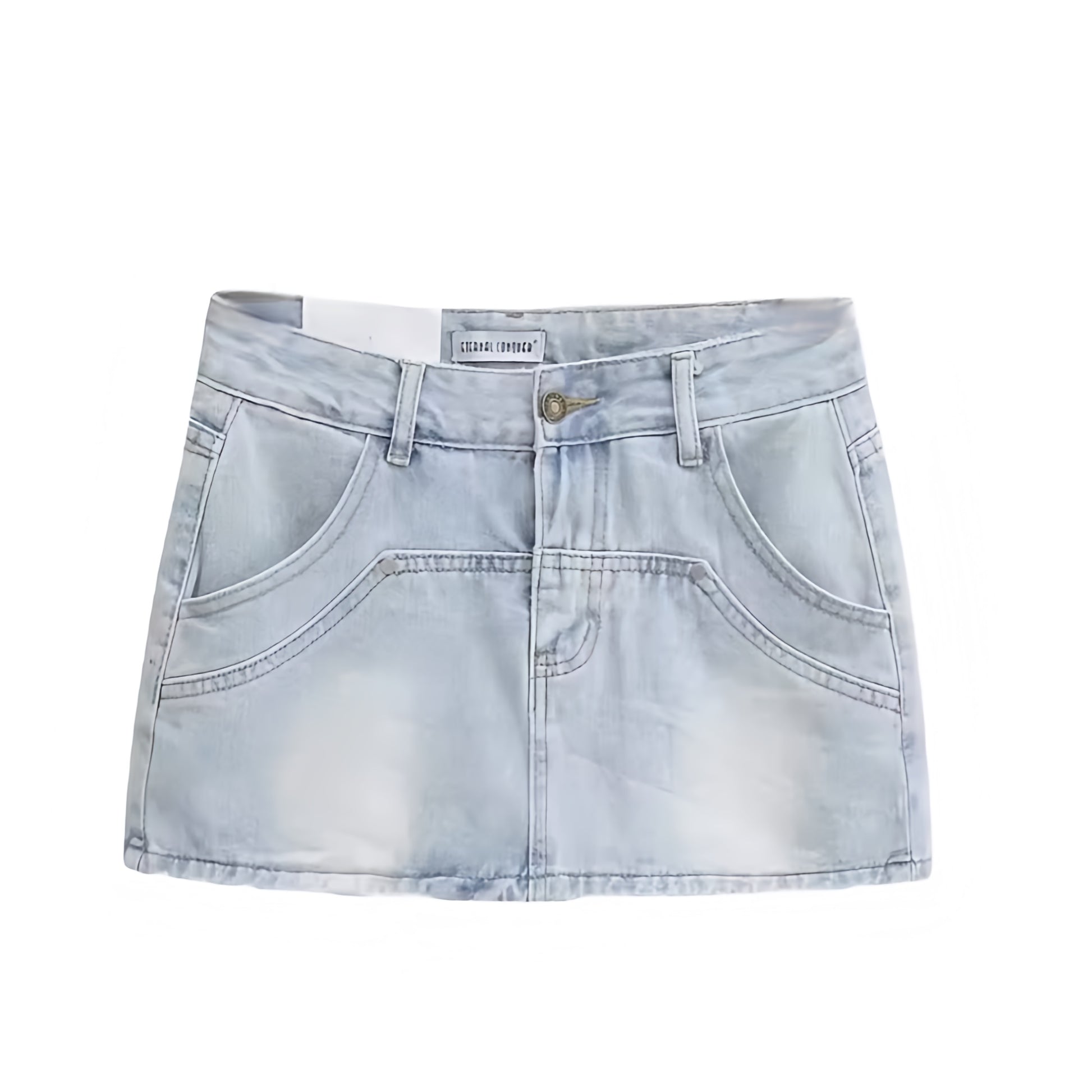 Light wash faded vintage denim mini skirt with studded detail. Low rise slim fit bodycon a line silhouette short jean skirt with pockets. Retro western country girl chic Y2K feminine fashion. Perfect for casual everyday outfits, summer fall street wear, sorority rush, school, party, rave, concert, festival, sexy club wear, trendy boho chic, Stockholm style, and night out looks. Ships globally worldwide to USA, UK, Canada, Australia, New Zealand, Germany, France, Ireland, Denmark, Sweden, Switzerland, Europe