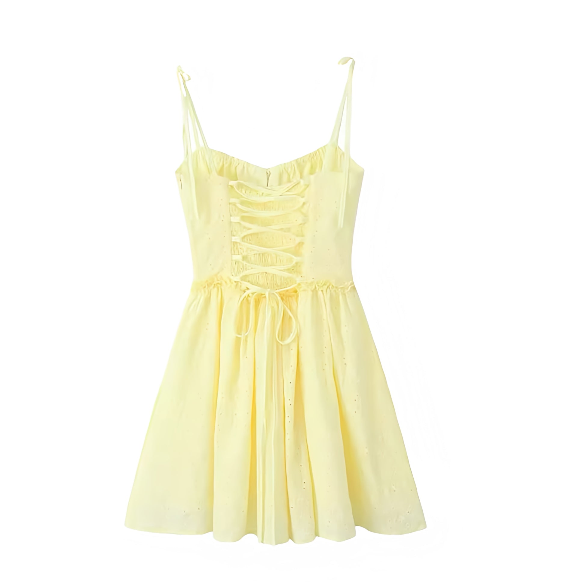 Light yellow butter yellow eyelet floral embroidery milkmaid mini dress with slim fit corset bustier bodice, sweetheart neckline, ruffle trim, sleeveless spaghetti straps, chic backless style, drop waist design, pleated flared skirt. Feminine coquette-inspired sundress for women and teens. Perfect summer vacation dress for brunch, beach, sorority rush, school, prom, hoco, homecoming, graduation, parties, night out, Hamptons and Nantucket chic fashion. Ships worldwide to USA, UK, Canada, Australia, New Zeala