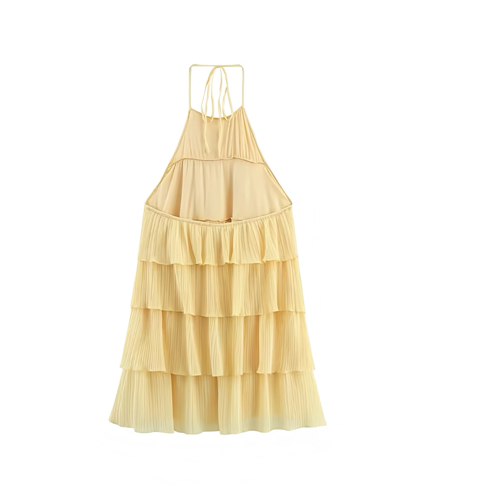 Light yellow butter yellow layered ruffle trim sleeveless tiered backless halter mini dress with slim fit silhouette, plisse pleated flared A-line design, and elegant ruffled layers. Short sundress for women, teens, and ladies, ideal for summer and fall 2025 holidays, vacations, brunch, evening events, homecoming, hoco, school dances, parties, concerts, festivals, euro summer, boho chic, western cowgirl style, and preppy Stockholm fashion. Ships globally worldwide to US, Australia, New Zealand, UK, Canada.