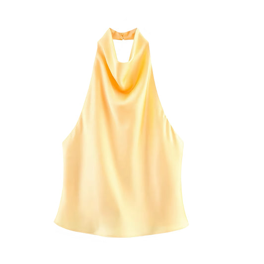 Light Yellow Butter Yellow Satin Draped Scoop Neck V-Neck Ruched Halter Crop Tank Top Camisole Blouse Sleeveless Backless Slim Fit Women Teens Preppy Chic Y2K Aritzia Dupe Summer 2025 Fashion Available worldwide with fast shipping to US, UK, Canada, Australia, France, Germany, Denmark, Europe, and Asia.