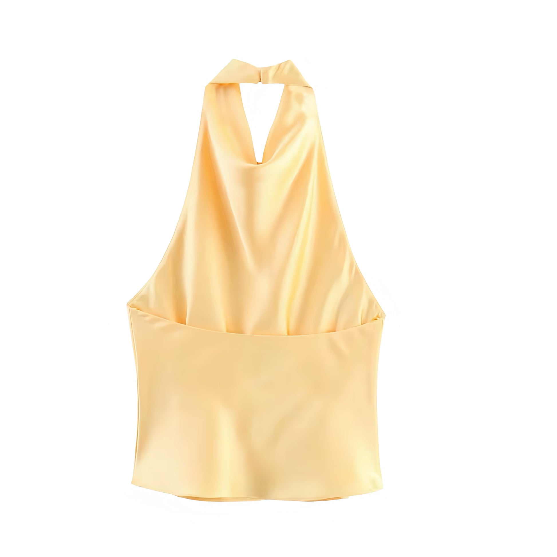 Light Yellow Butter Yellow Satin Draped Scoop Neck V-Neck Ruched Halter Crop Tank Top Camisole Blouse Sleeveless Backless Slim Fit Women Teens Preppy Chic Y2K Aritzia Dupe Summer 2025 Fashion Available worldwide with fast shipping to US, UK, Canada, Australia, France, Germany, Denmark, Europe, and Asia.