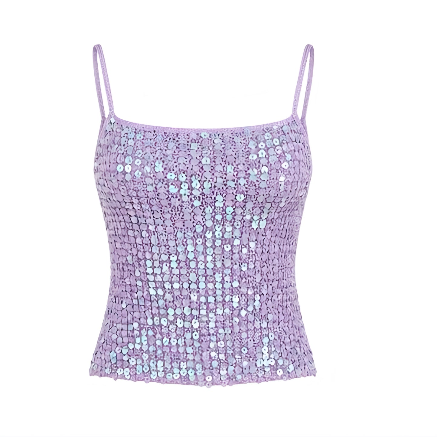 Lilac purple sequin beaded crochet fitted tank top with light purple, pastel purple and lavender purple crochet knitwear detailing, sparkly shimmery glittery finish, slim fit, bodycon silhouette, square neckline, spaghetti straps and cropped length, Y2K style, 2000s fashion, party outfit, Ibiza style, festival outfit, beach club outfit, baddie outfit, tropicalcore and fairycore style


