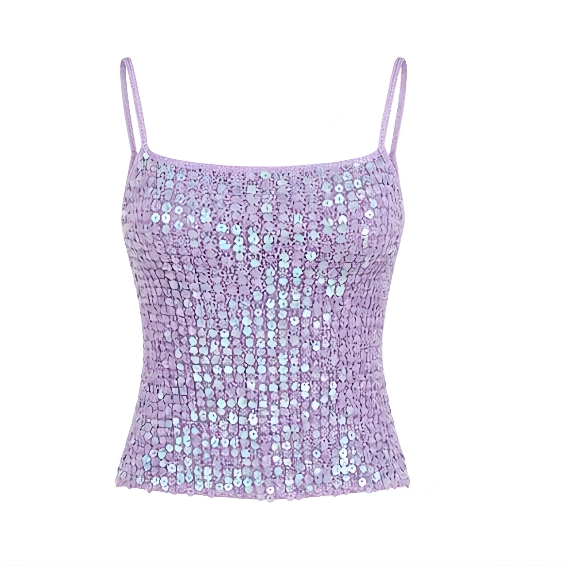Lilac purple sequin beaded crochet fitted tank top with light purple, pastel purple and lavender purple crochet knitwear detailing, sparkly shimmery glittery finish, slim fit, bodycon silhouette, square neckline, spaghetti straps and cropped length, Y2K style, 2000s fashion, party outfit, Ibiza style, festival outfit, beach club outfit, baddie outfit, tropicalcore and fairycore style


