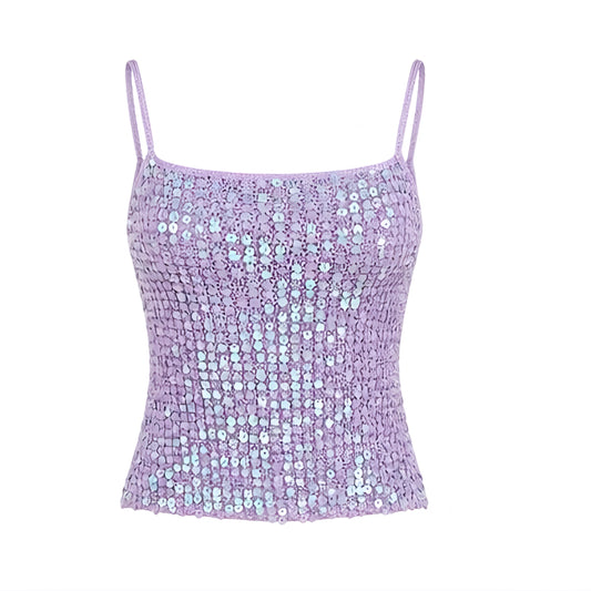 Lilac purple sequin beaded crochet fitted tank top with light purple, pastel purple and lavender purple crochet knitwear detailing, sparkly shimmery glittery finish, slim fit, bodycon silhouette, square neckline, spaghetti straps and cropped length, Y2K style, 2000s fashion, party outfit, Ibiza style, festival outfit, beach club outfit, baddie outfit, tropicalcore and fairycore style


