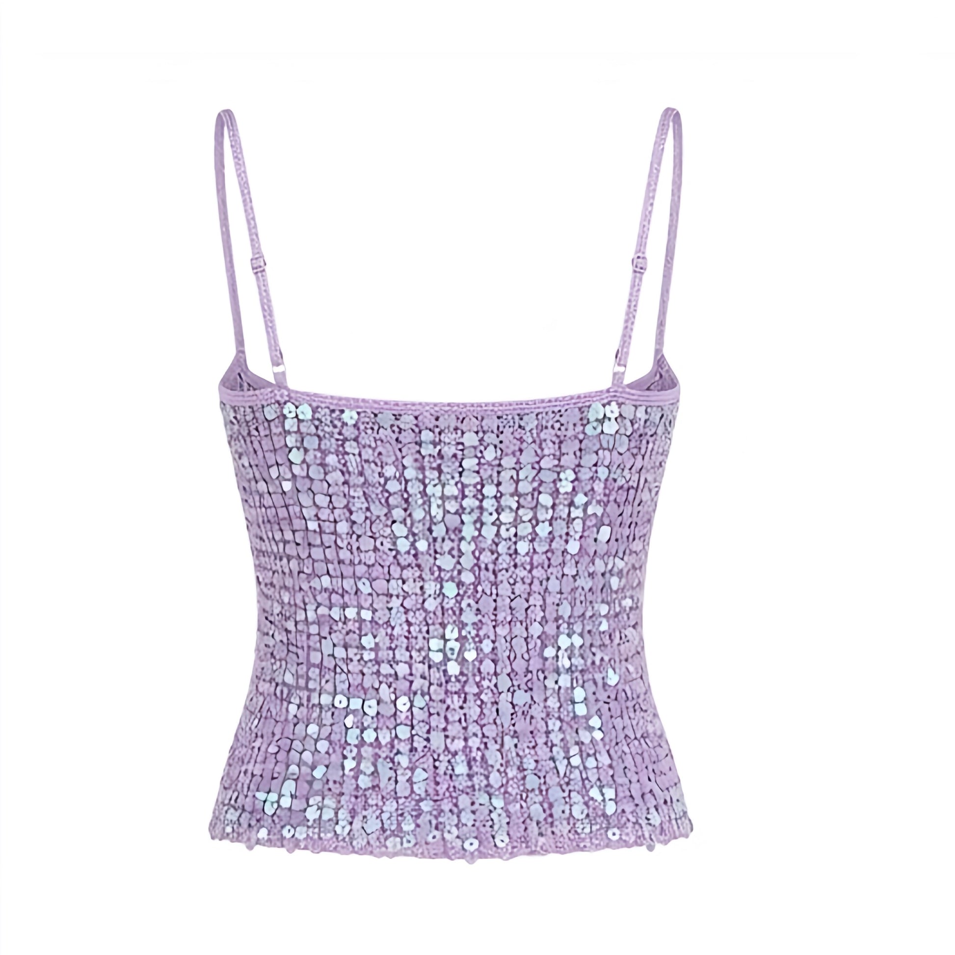 Lilac purple sequin beaded crochet fitted tank top with light purple, pastel purple and lavender purple crochet knitwear detailing, sparkly shimmery glittery finish, slim fit, bodycon silhouette, square neckline, spaghetti straps and cropped length, Y2K style, 2000s fashion, party outfit, Ibiza style, festival outfit, beach club outfit, baddie outfit, tropicalcore and fairycore style

