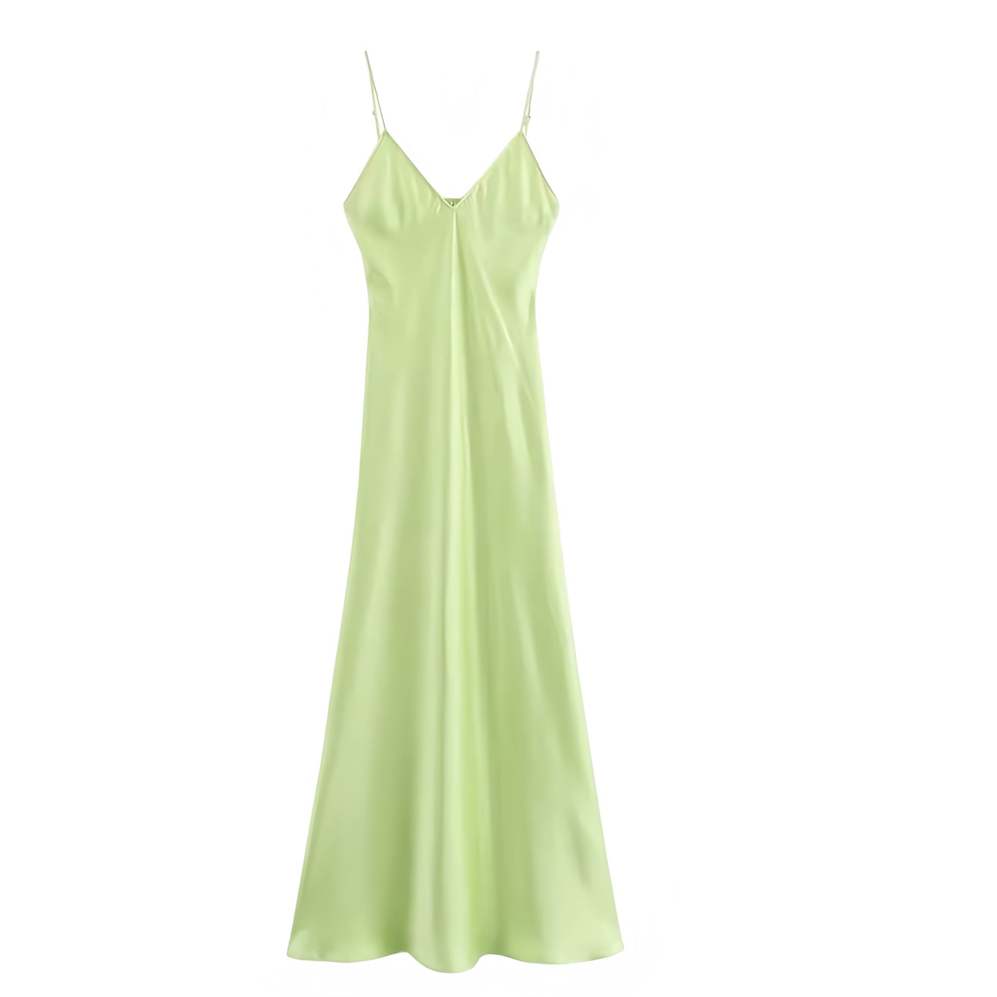 Lime Green Satin Bodycon V-Neck Spaghetti Strap Backless Maxi Slip Dress. Neon light green satin slim fit silhouette with sexy bodycon cut, sleeveless spaghetti straps, deep V-neckline, A-line shift-inspired design, and elegant maxi slip sundress style. Perfect for women, ladies, and teens seeking chic feminine fashion for formal events, sorority rush, prom, hoco, homecoming, elegant evening wear, trendy holiday vacations, sexy going-out night outfits, and global resort wear. Ships worldwide to US, UK, Ca