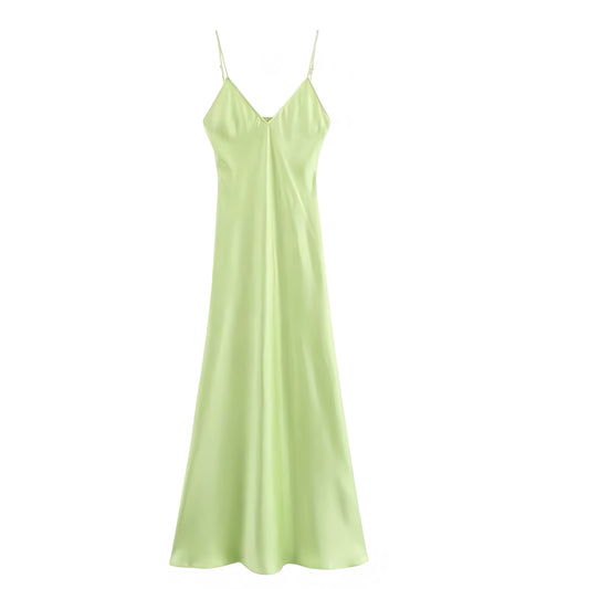 Lime Green Satin Bodycon V-Neck Spaghetti Strap Backless Maxi Slip Dress. Neon light green satin slim fit silhouette with sexy bodycon cut, sleeveless spaghetti straps, deep V-neckline, A-line shift-inspired design, and elegant maxi slip sundress style. Perfect for women, ladies, and teens seeking chic feminine fashion for formal events, sorority rush, prom, hoco, homecoming, elegant evening wear, trendy holiday vacations, sexy going-out night outfits, and global resort wear. Ships worldwide to US, UK, Ca