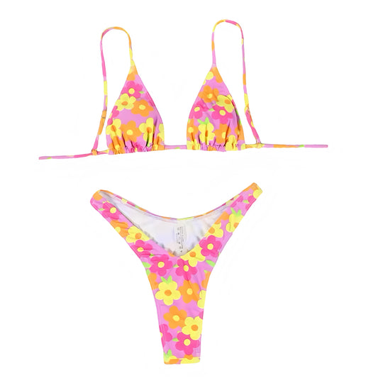 Malibu Floral Print 2 Piece Triangle Bikini Set for women, teens, and ladies. Features light pink, orange, yellow, and multicolor floral patterned print, ruched ribbed wireless wire-free triangle bikini top with v neck, spaghetti straps, sleeveless halter backless string tie design, and matching bikini bottoms in cheeky thong or full coverage. Sexy feminine coquette Y2K chic trendy Malibu Barbie style summer 2025 swimsuit, Hawaii tropical vacation, Euro summer holiday, preppy beach club and resort wear.