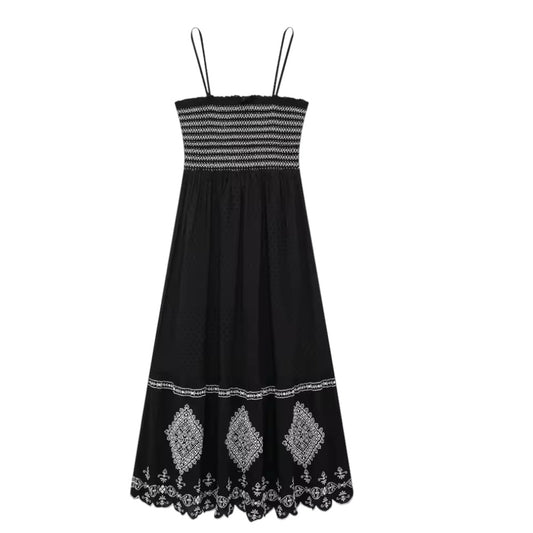Maribelle Black Floral Embroidered Smocked Drop Waist Linen Maxi Dress. Elegant slim fit bodycon sundress featuring white floral embroidery, crochet knit details, smocked waistline, drop waist silhouette, and square neckline. Sleeveless, backless, midi-to-maxi linen dress for women, ladies, and teens. Perfect for casual everyday wear, Euro summer, Ibiza style, boho chic, beach club fashion, resort vacations, and elegant feminine preppy style. Ships worldwide to US, UK, Canada, Australia, Europe, Asia & more