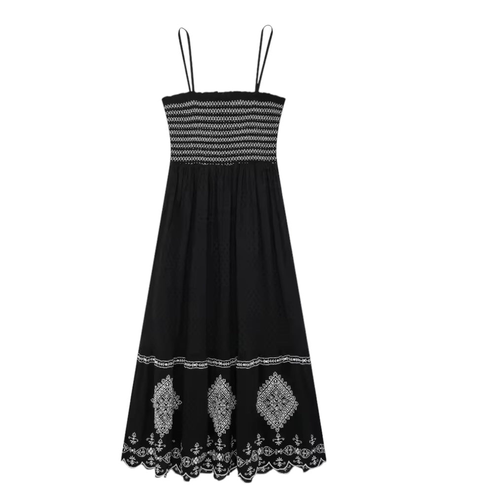 Maribelle Black Floral Embroidered Smocked Drop Waist Linen Maxi Dress. Elegant slim fit bodycon sundress featuring white floral embroidery, crochet knit details, smocked waistline, drop waist silhouette, and square neckline. Sleeveless, backless, midi-to-maxi linen dress for women, ladies, and teens. Perfect for casual everyday wear, Euro summer, Ibiza style, boho chic, beach club fashion, resort vacations, and elegant feminine preppy style. Ships worldwide to US, UK, Canada, Australia, Europe, Asia & more