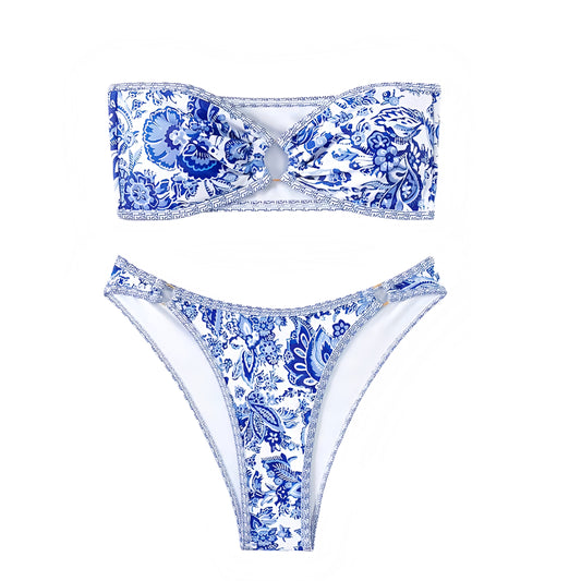 Milos Blue Floral Print Bandeau Strapless 2 Piece Bikini Set for women, teens, and ladies. Features blue and white floral geometric patterned bandeau bikini top with sweetheart neckline, strapless sleeveless v neck design, wireless wire-free push up fit, backless bandeau style, and matching bottoms in cheeky thong or full coverage. Sexy feminine Y2K chic trendy summer 2025 swimsuit, Euro summer Greece Mamma Mia coastal granddaughter style, tropical Hawaii vacation, Hamptons and Nantucket preppy fashion.