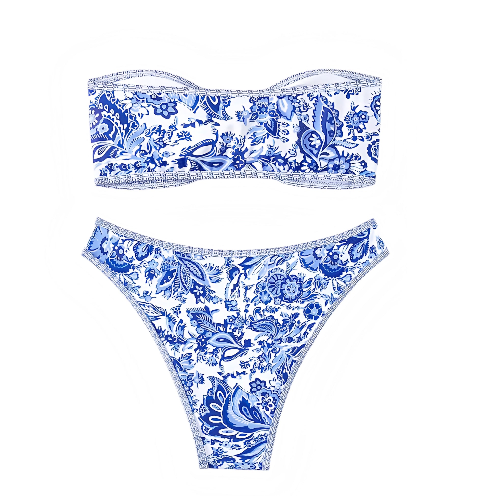 Milos Blue Floral Print Bandeau Strapless 2 Piece Bikini Set for women, teens, and ladies. Features blue and white floral geometric patterned bandeau bikini top with sweetheart neckline, strapless sleeveless v neck design, wireless wire-free push up fit, backless bandeau style, and matching bottoms in cheeky thong or full coverage. Sexy feminine Y2K chic trendy summer 2025 swimsuit, Euro summer Greece Mamma Mia coastal granddaughter style, tropical Hawaii vacation, Hamptons and Nantucket preppy fashion.