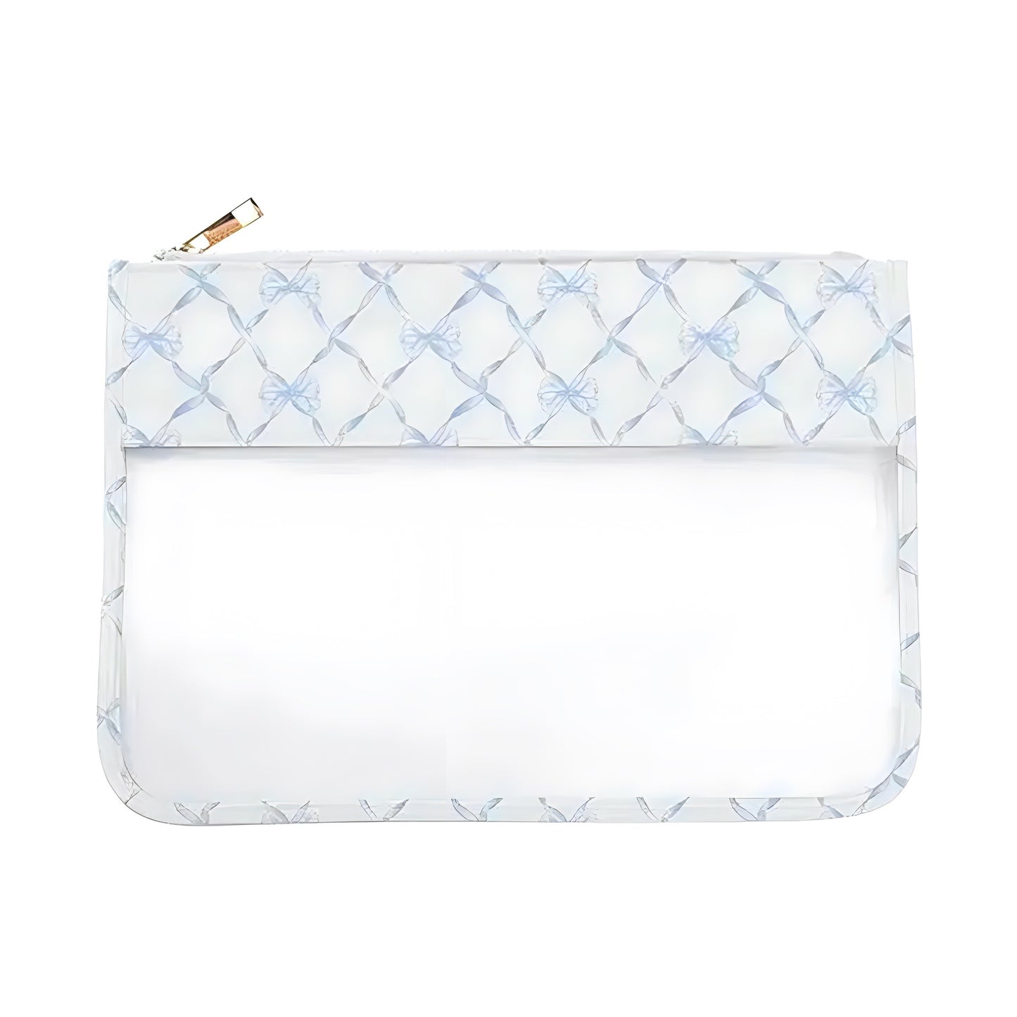 Mini blue and white bow print clear waterproof makeup pouch featuring a transparent design, metallic zipper, and lightweight vegan-friendly plastic material. Perfect for organizing cosmetics, toiletries, and travel essentials. Feminine coquette-inspired style with a touch of Hamptons and coastal granddaughter fashion. Ships globally to the US, UK, Canada, Australia, New Zealand, Europe, and Asia.


