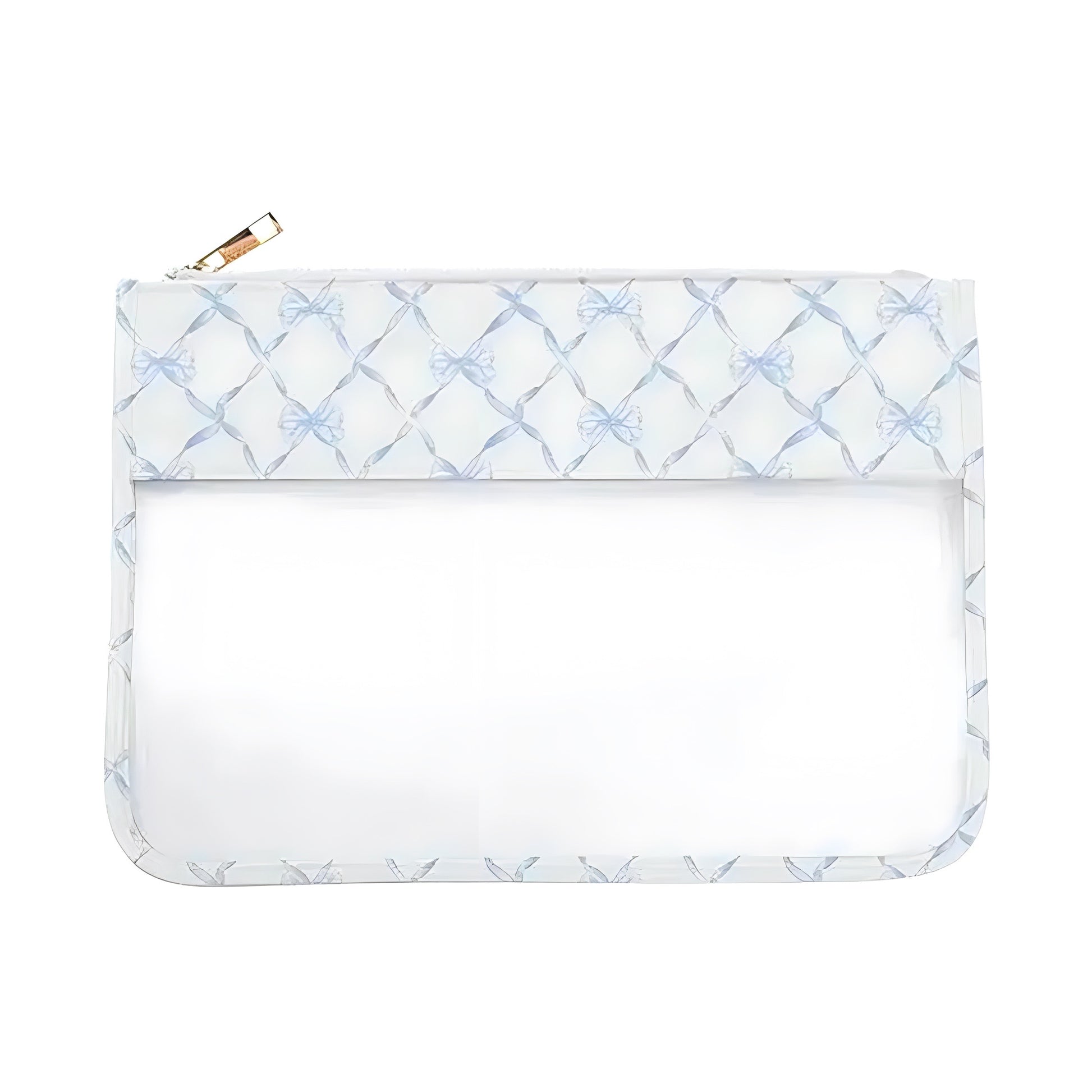 Mini blue and white bow print clear waterproof makeup pouch featuring a transparent design, metallic zipper, and lightweight vegan-friendly plastic material. Perfect for organizing cosmetics, toiletries, and travel essentials. Feminine coquette-inspired style with a touch of Hamptons and coastal granddaughter fashion. Ships globally to the US, UK, Canada, Australia, New Zealand, Europe, and Asia.

