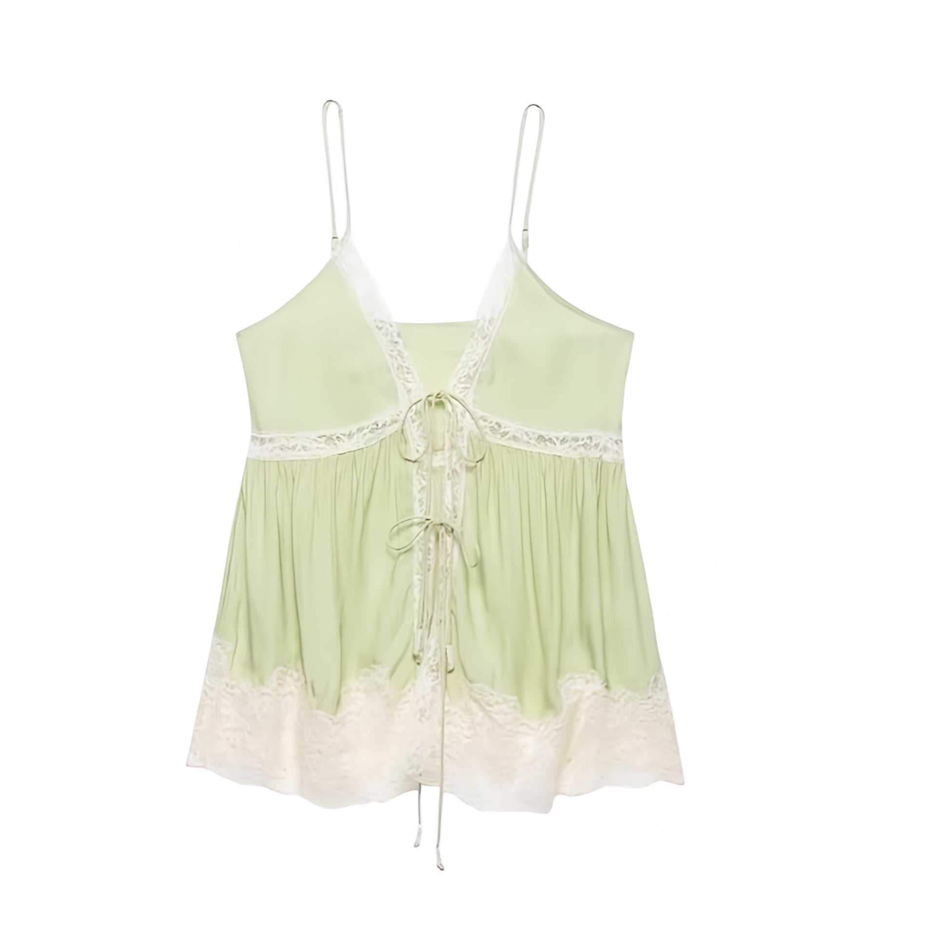 Mint green light green lime green lace trim floral v-neck camisole tank top with satin silk flowy sheath ruffled plisse pleated tiered flared peplum ruched design. Slim fit skinny fit sleeveless spaghetti strap backless crop blouse for women, teens, and ladies. Chic trendy casual elegant sexy summer top for beach vacation, euro summer, Ibiza fashion, rave outfit, festival outfit, boho chic style, bohemian gypsy fashion, coquette aesthetic, y2k fashion, streetwear, mermaidcore, tropicalcore, fairycore.