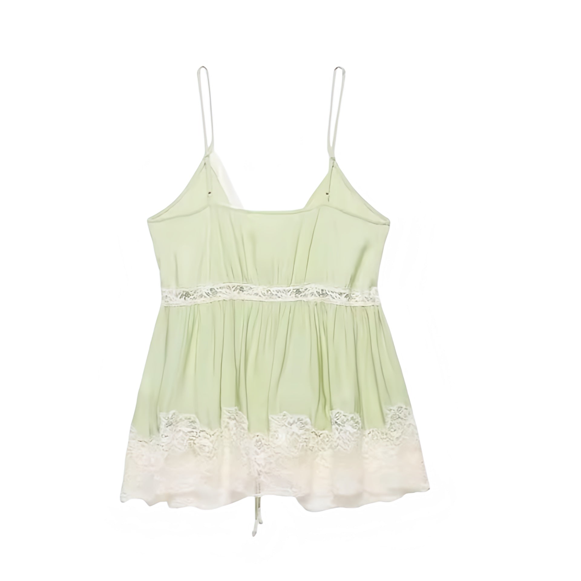 Mint green light green lime green lace trim floral v-neck camisole tank top with satin silk flowy sheath ruffled plisse pleated tiered flared peplum ruched design. Slim fit skinny fit sleeveless spaghetti strap backless crop blouse for women, teens, and ladies. Chic trendy casual elegant sexy summer top for beach vacation, euro summer, Ibiza fashion, rave outfit, festival outfit, boho chic style, bohemian gypsy fashion, coquette aesthetic, y2k fashion, streetwear, mermaidcore, tropicalcore, fairycore.