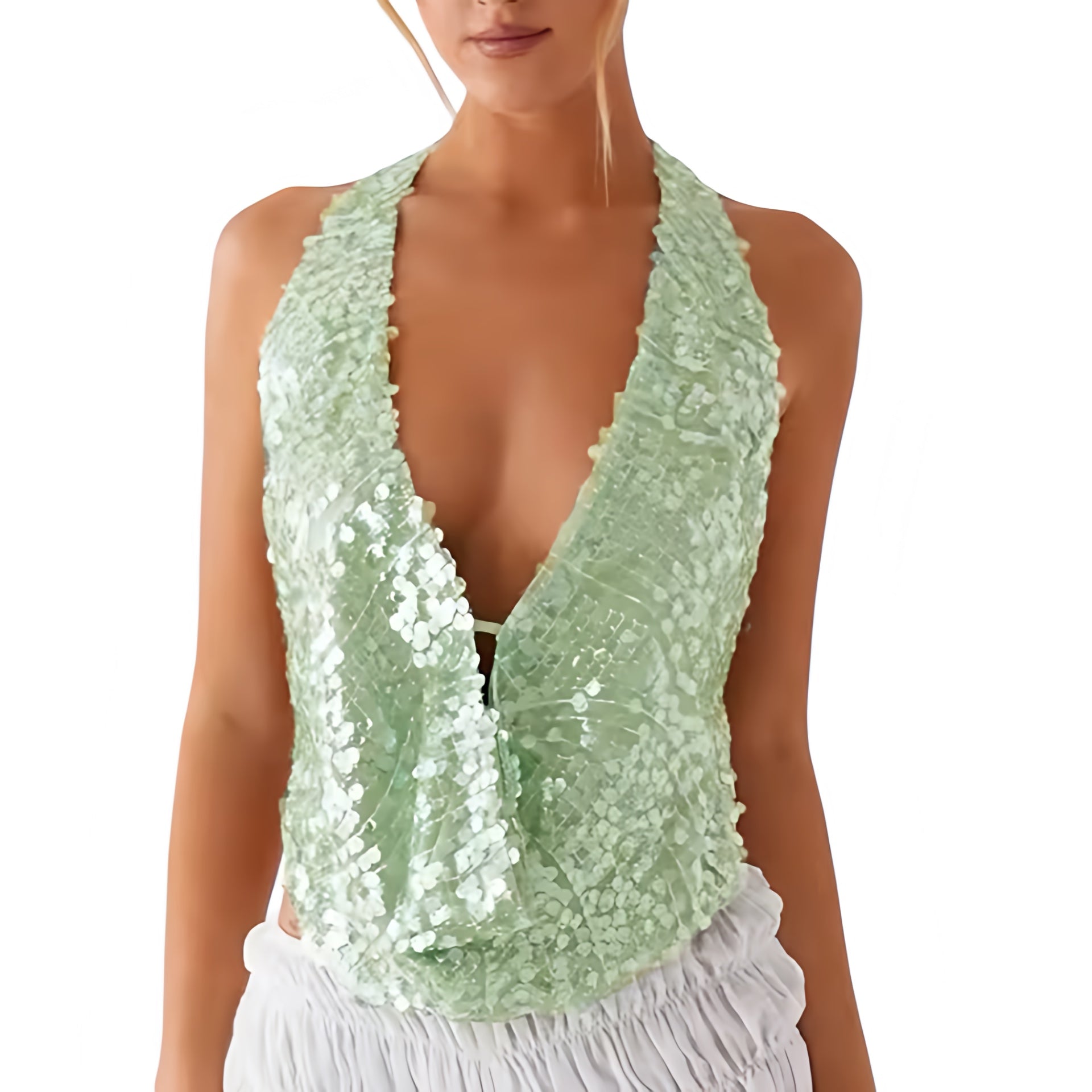 Mint green sequin v-neck backless halter top in light green and pastel green with bead crochet, beaded, sparkly, shimmery and glittery detailing. Slim fit skinny fit sleeveless crop top with v neck, split neck, halter, open back, cut out and hollow out design. Perfect for Y2K style, 2000s fashion, summer 2026, Ibiza outfits, beach vacation outfits, festival outfits, concert outfits, disco parties, mermaidcore, fairycore, tropicalcore and baddie outfits.