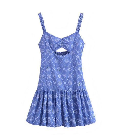 Mykonos blue floral eyelet embroidered hollow-out ruffled mini dress with slim fit corset bodice, sweetheart neckline, sleeveless spaghetti straps, chic backless style, drop waist, plisse pleated flared hem. Elegant boho chic sundress for women and teens. Perfect summer Euro vacation, holiday in Greece, Ibiza style, Mamma Mia inspired coastal granddaughter fashion, Hamptons and Nantucket style, brunch, sorority rush, prom, hoco, homecoming, party, or night out. Ships worldwide to USA, UK, Canada, Australia