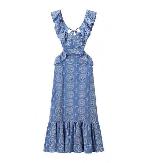 Mykonos dark blue white floral embroidered eyelet geometric patterned slim fit bodycon cut-out hollow out backless ruffle trim layered ruffles plissé linen midi maxi sundress with cap sleeve sleeveless design for women and teens, boho chic bohemian trendy feminine fashion, Euro summer 2025 Greece Mamma Mia Ibiza Italian coastal Hamptons Nantucket preppy style vacation holiday beach everyday outfit, with global shipping to USA, UK, Europe, Australia, and Canada.
