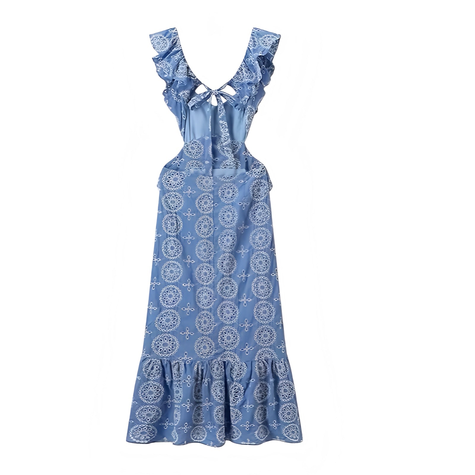 Mykonos dark blue white floral embroidered eyelet geometric patterned slim fit bodycon cut-out hollow out backless ruffle trim layered ruffles plissé linen midi maxi sundress with cap sleeve sleeveless design for women and teens, boho chic bohemian trendy feminine fashion, Euro summer 2025 Greece Mamma Mia Ibiza Italian coastal Hamptons Nantucket preppy style vacation holiday beach everyday outfit, with global shipping to USA, UK, Europe, Australia, and Canada.