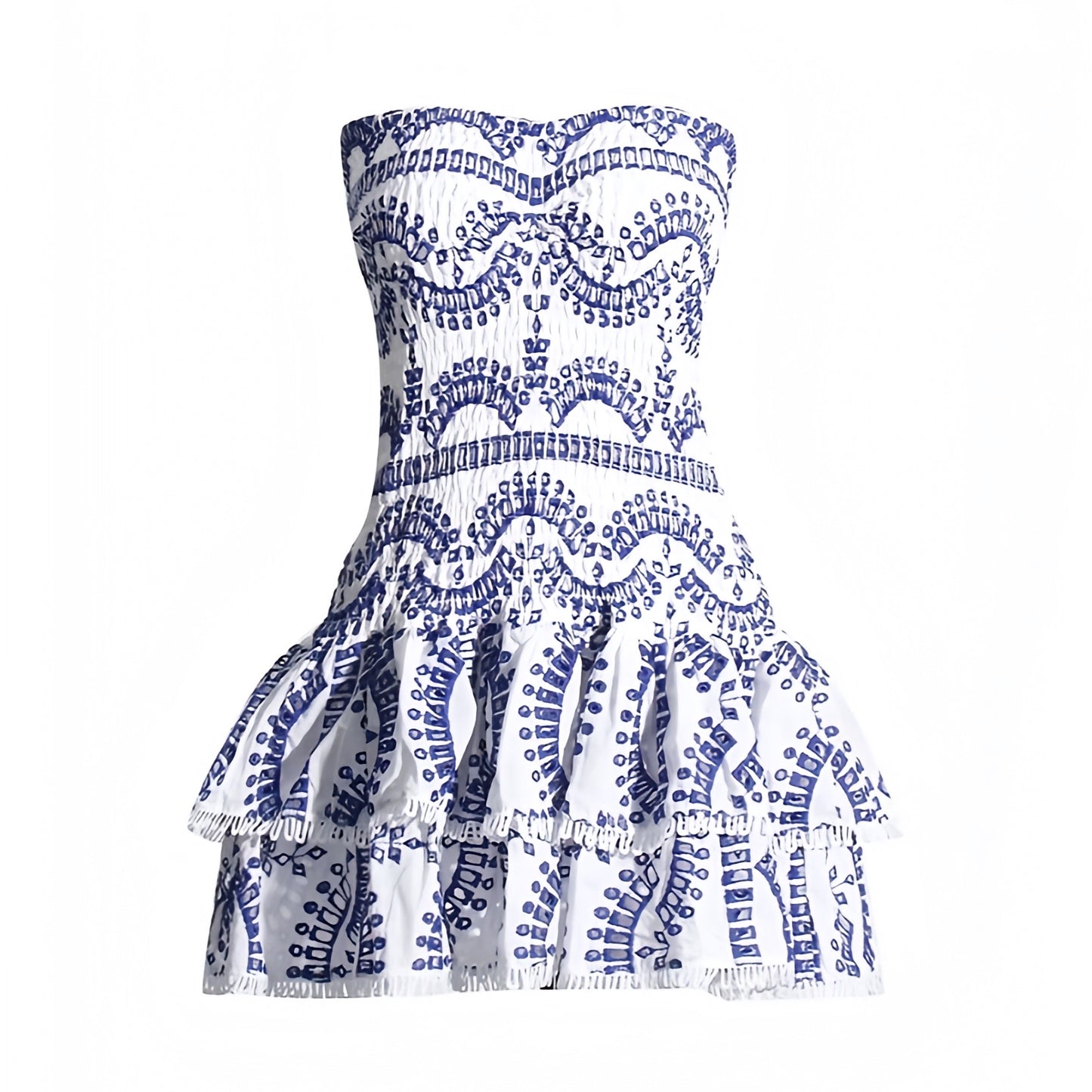 Mylopotas blue and white striped floral anglaise eyelet embroidered strapless smocked mini dress with layered ruffle trim and tiered flared skirt. Slim fit bodycon corset bustier silhouette with ruched shirred detailing. Chic summer sundress for womens teens ladies perfect for party dress prom hoco homecoming graduation beach vacation ibiza style boho chic resort wear coastal granddaughter aesthetic loveshackfancy dupe zimmerman dupe european summer fashion.


