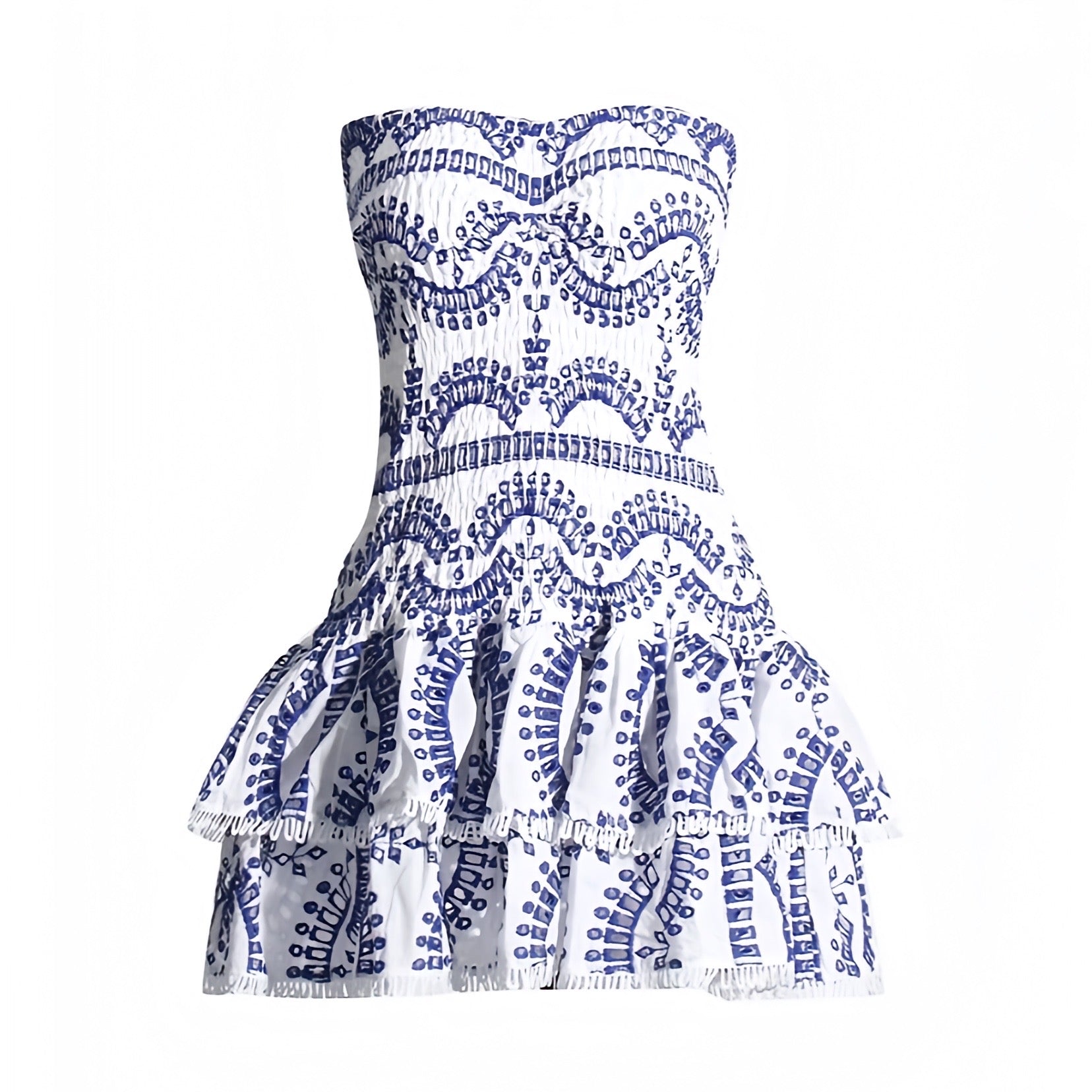 Mylopotas blue and white striped floral anglaise eyelet embroidered strapless smocked mini dress with layered ruffle trim and tiered flared skirt. Slim fit bodycon corset bustier silhouette with ruched shirred detailing. Chic summer sundress for womens teens ladies perfect for party dress prom hoco homecoming graduation beach vacation ibiza style boho chic resort wear coastal granddaughter aesthetic loveshackfancy dupe zimmerman dupe european summer fashion.

