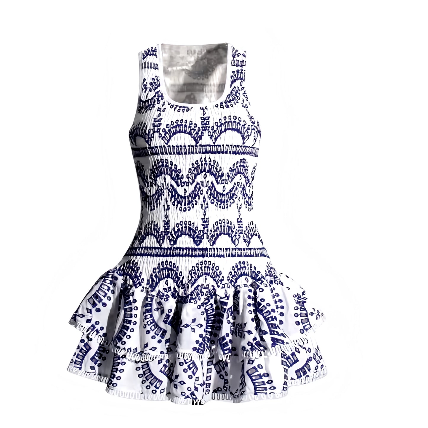 Mylopotas white and navy blue striped geometric eyelet embroidered layered ruffle smocked sleeveless mini dress with scalloped crochet anglaise details, square neckline, slim fit bodycon silhouette, tiered ruffle skirt. Elegant boho chic sundress inspired by Euro Summer Greece Mamma Mia style, coastal granddaughter aesthetic, Ibiza resort wear, Hamptons and Nantucket fashion. Perfect for brunch, vacation, sorority rush, prom, homecoming, graduation, evening party or gala. Ships worldwide globally