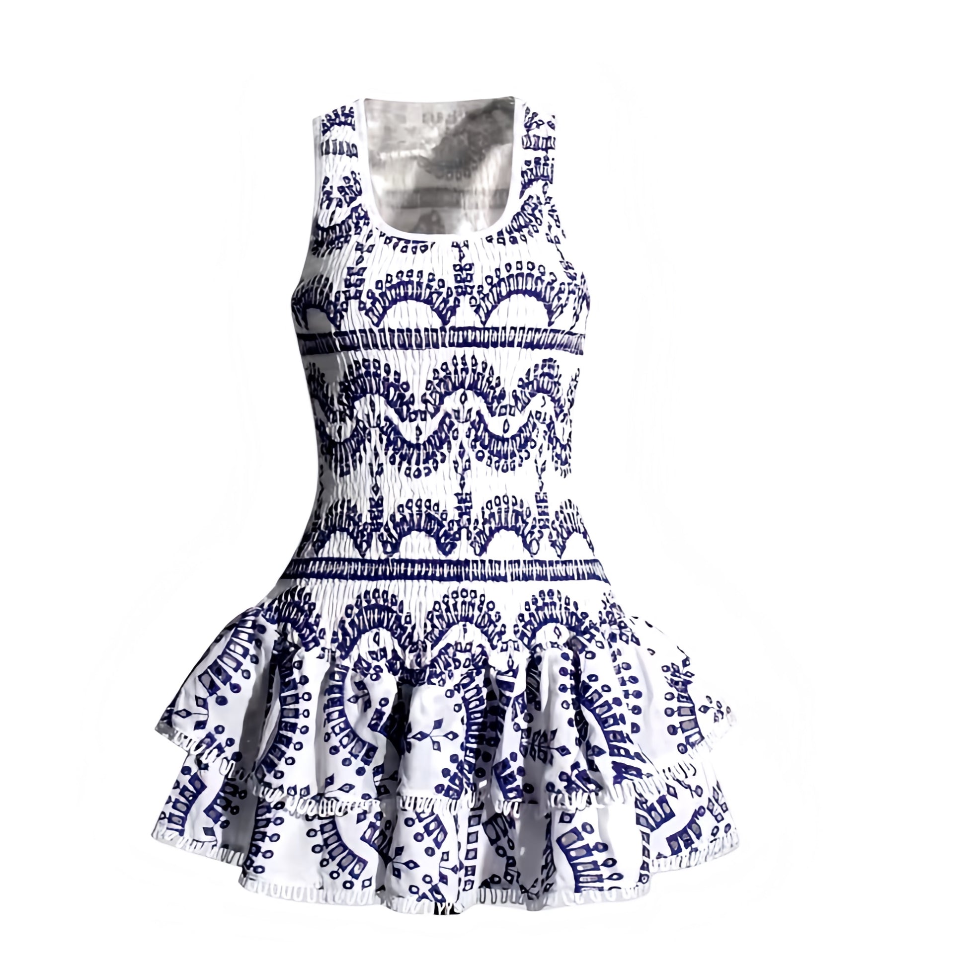Mylopotas white and navy blue striped geometric eyelet embroidered layered ruffle smocked sleeveless mini dress with scalloped crochet anglaise details, square neckline, slim fit bodycon silhouette, tiered ruffle skirt. Elegant boho chic sundress inspired by Euro Summer Greece Mamma Mia style, coastal granddaughter aesthetic, Ibiza resort wear, Hamptons and Nantucket fashion. Perfect for brunch, vacation, sorority rush, prom, homecoming, graduation, evening party or gala. Ships worldwide globally