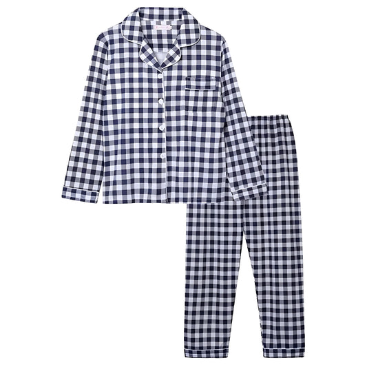 Navy blue and white checkered cotton pajama set for women featuring a long sleeve button down collared top with front pocket and matching relaxed wide leg pants with side pockets. Crafted from soft breathable cotton blend fabric, this two piece loungewear set combines classic comfort with timeless elegance. Perfect for lounging, vacation, or cozy nights in. Inspired by Roller Rabbit and Eberjey. Ships globally to US, UK, Canada, Australia, New Zealand, Europe, and Asia.

