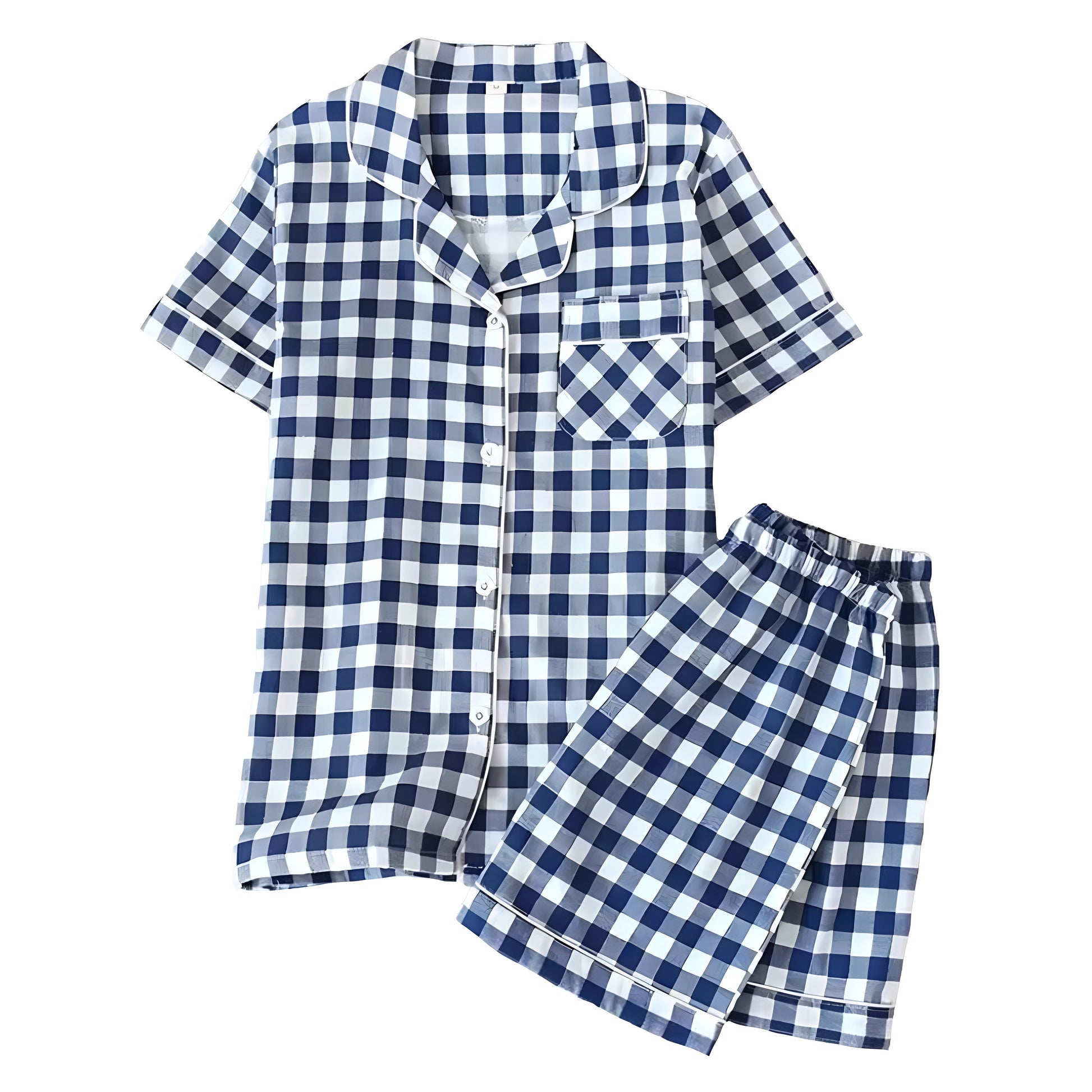 Navy blue and white checkered cotton pajama set for women featuring a short sleeve button down collared top with front pocket and matching relaxed shorts. Crafted from soft breathable cotton blend fabric, this two piece pajama set offers a cozy and feminine look inspired by Roller Rabbit and Eberjey. Perfect for lounging, summer nights, or resort wear. Ships globally to US, UK, Canada, Australia, New Zealand, Europe, and Asia.

