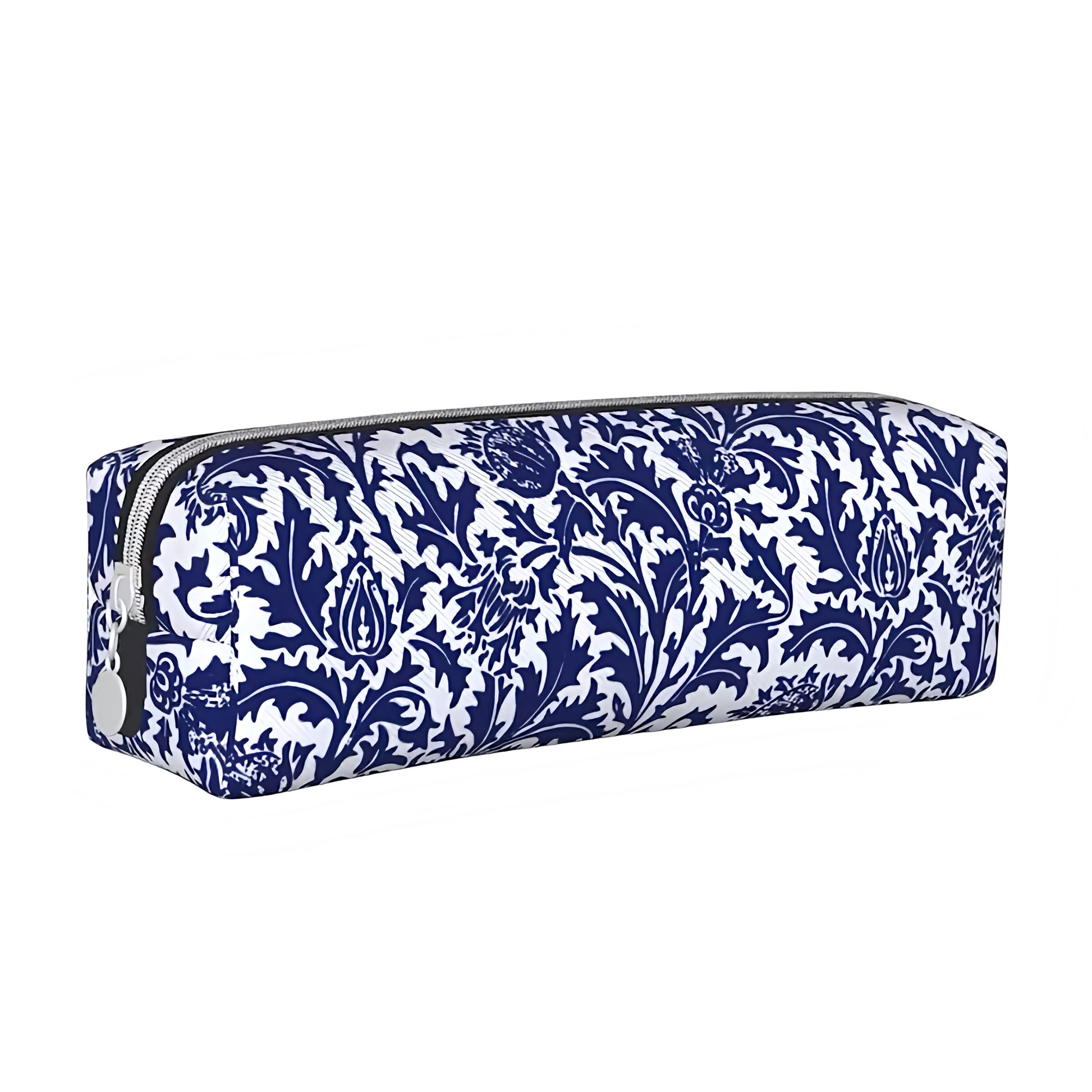 Navy blue and white floral print waterproof makeup pouch bag featuring a durable and lightweight design with metallic zipper closure. Made from vegan-friendly material, this coastal-inspired cosmetic pouch is perfect for storing makeup, toiletries, or travel essentials. Elegant and feminine travel accessory for women, teens, and girls. Ships globally to US, UK, Canada, Australia, New Zealand, Europe, and Asia.

