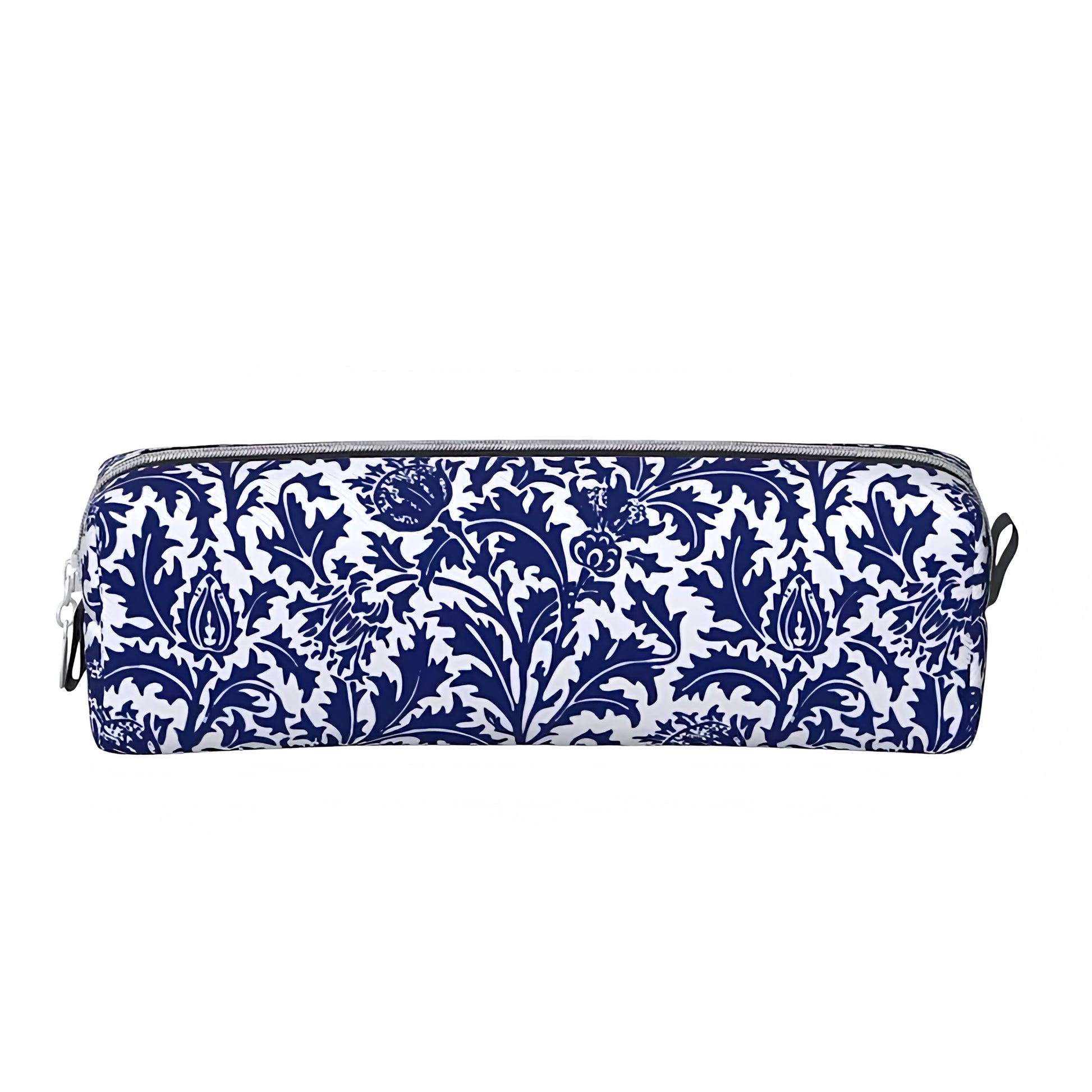 Navy blue and white floral print waterproof makeup pouch bag featuring a durable and lightweight design with metallic zipper closure. Made from vegan-friendly material, this coastal-inspired cosmetic pouch is perfect for storing makeup, toiletries, or travel essentials. Elegant and feminine travel accessory for women, teens, and girls. Ships globally to US, UK, Canada, Australia, New Zealand, Europe, and Asia.

