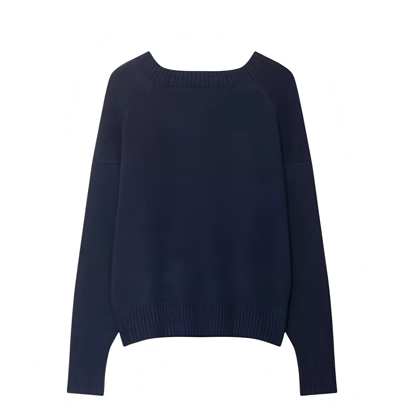 Navy blue knit v-neck cropped long sleeve sweater for women featuring soft chunky knit fabric with woolen texture, lightweight yet warm and breathable construction, and relaxed oversized fit. Cozy navy knitwear jumper perfect for autumn, fall, and winter 2025 and 2026, Scandinavian Stockholm style, minimalist everyday outfits, school and university fashion. Ships worldwide.