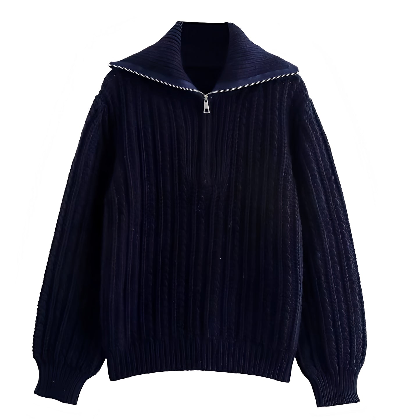 Navy blue oversized cable knit quarter-zip pullover sweater for women and teens, soft chunky ribbed knit with collared neckline and silver zipper, cozy warm thick knitwear perfect for fall autumn winter 2025, Scandinavian streetwear inspired minimalist fashion, Zara and Aritzia dupe sweater shipping globally worldwide to US, UK, Canada, Europe, Australia, and Asia.