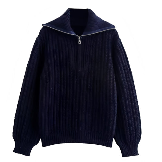 Navy blue oversized cable knit quarter-zip pullover sweater for women and teens, soft chunky ribbed knit with collared neckline and silver zipper, cozy warm thick knitwear perfect for fall autumn winter 2025, Scandinavian streetwear inspired minimalist fashion, Zara and Aritzia dupe sweater shipping globally worldwide to US, UK, Canada, Europe, Australia, and Asia.