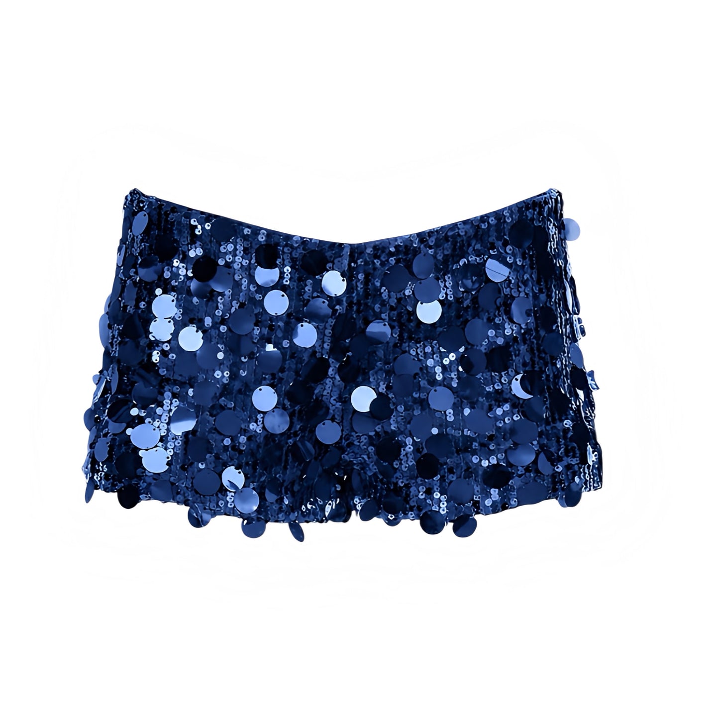 Navy blue sequin embellished low-rise micro shorts in dark blue with sequined, beaded, sparkly, shimmery and glittery detailing. Slim fit skinny fit low waisted short shorts and mini shorts with a sexy Y2K style silhouette, perfect for party outfits, night out outfits, going out outfits, club wear, disco outfits, rave shorts, festival outfits, concert outfits, Ibiza style, baddie outfits, rock chic, mermaidcore, tropicalcore, western, gypsy cowgirl and boho chic style.
