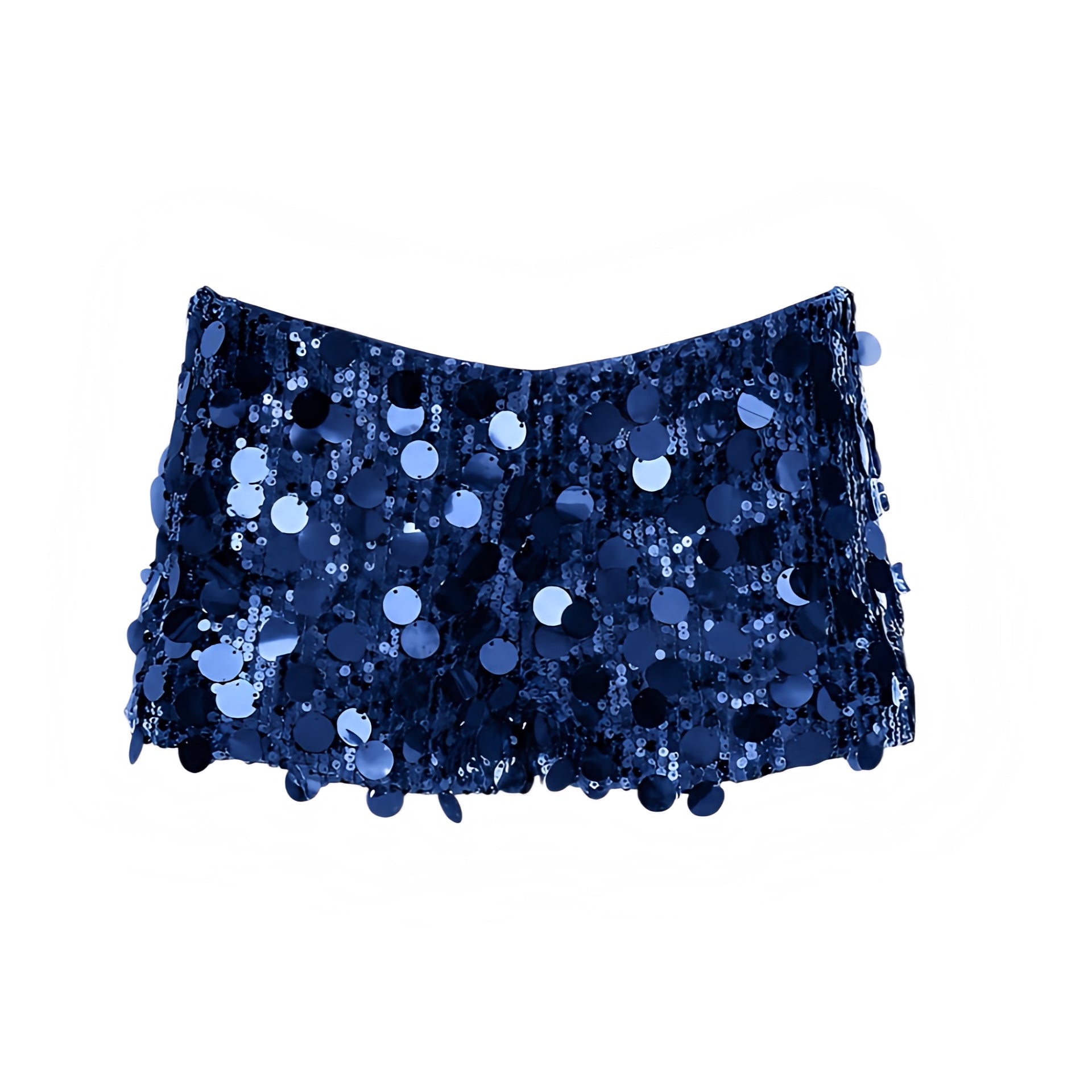 Navy blue sequin embellished low-rise micro shorts in dark blue with sequined, beaded, sparkly, shimmery and glittery detailing. Slim fit skinny fit low waisted short shorts and mini shorts with a sexy Y2K style silhouette, perfect for party outfits, night out outfits, going out outfits, club wear, disco outfits, rave shorts, festival outfits, concert outfits, Ibiza style, baddie outfits, rock chic, mermaidcore, tropicalcore, western, gypsy cowgirl and boho chic style.