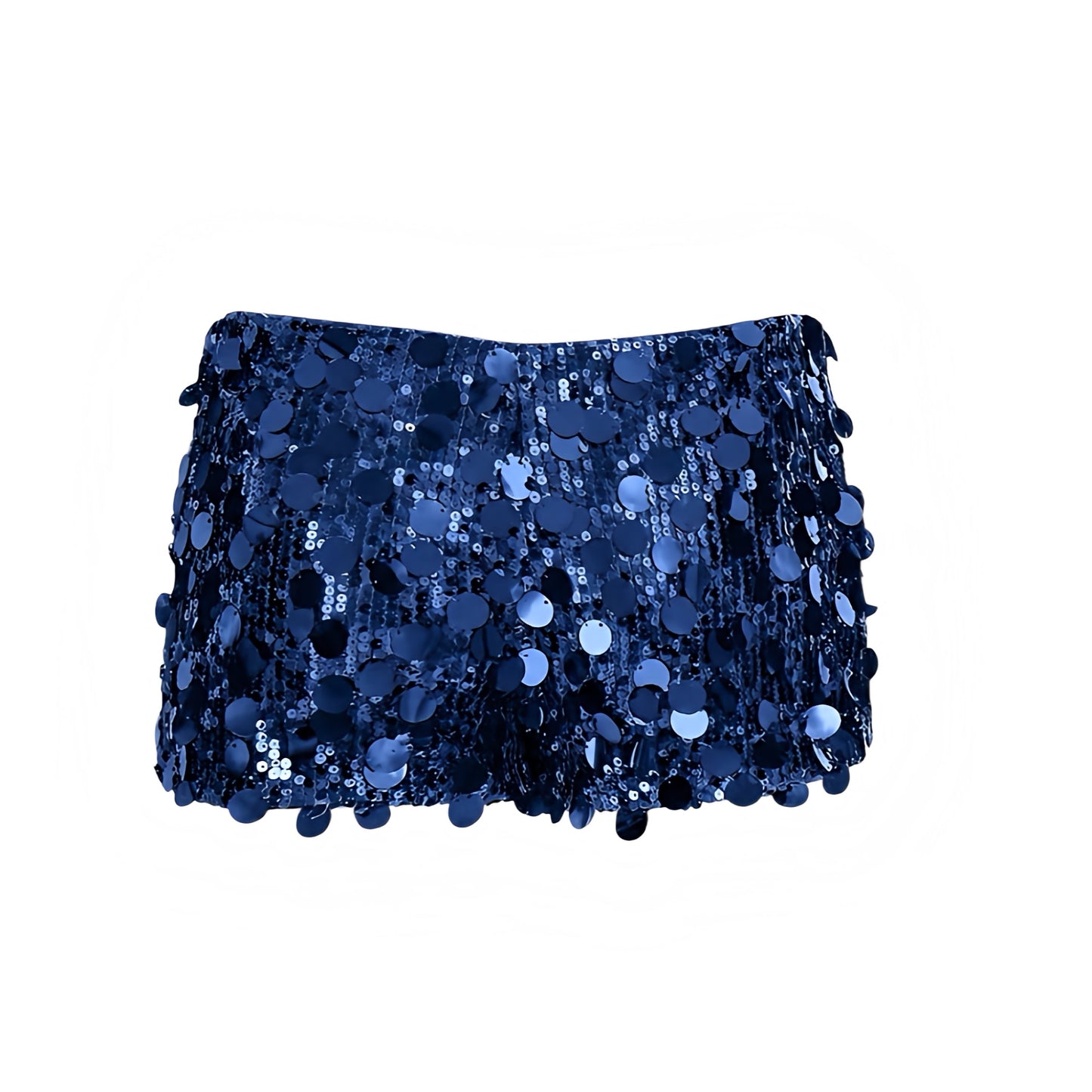 Navy blue sequin embellished low-rise micro shorts in dark blue with sequined, beaded, sparkly, shimmery and glittery detailing. Slim fit skinny fit low waisted short shorts and mini shorts with a sexy Y2K style silhouette, perfect for party outfits, night out outfits, going out outfits, club wear, disco outfits, rave shorts, festival outfits, concert outfits, Ibiza style, baddie outfits, rock chic, mermaidcore, tropicalcore, western, gypsy cowgirl and boho chic style.