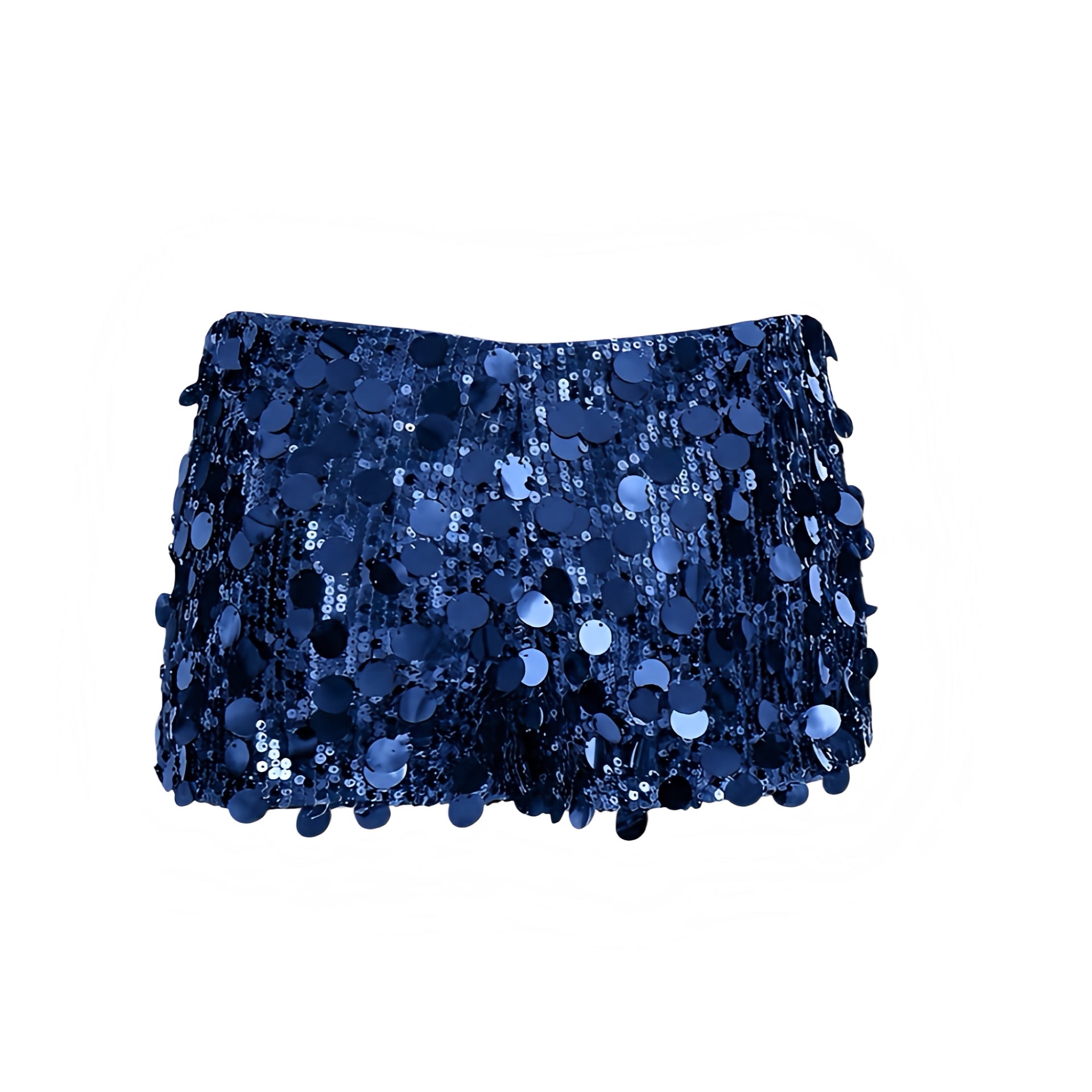 Navy blue sequin embellished low-rise micro shorts in dark blue with sequined, beaded, sparkly, shimmery and glittery detailing. Slim fit skinny fit low waisted short shorts and mini shorts with a sexy Y2K style silhouette, perfect for party outfits, night out outfits, going out outfits, club wear, disco outfits, rave shorts, festival outfits, concert outfits, Ibiza style, baddie outfits, rock chic, mermaidcore, tropicalcore, western, gypsy cowgirl and boho chic style.