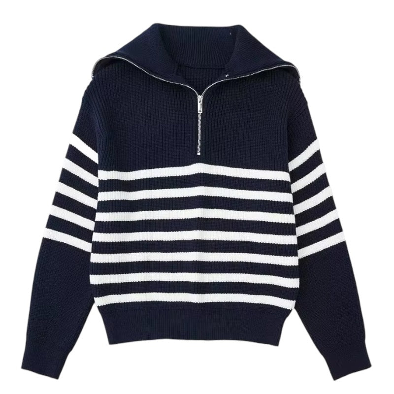 Navy blue striped knitted quarter-zip pullover sweater for women and teens, soft ribbed chunky knit with collared neckline and silver zipper, cozy oversized warm knitwear perfect for fall autumn winter 2025, elegant nautical coastal preppy style inspired by Scandinavian fashion, Zara and Aritzia dupe sweater, shipping globally worldwide to US, UK, Canada, Europe, Australia and Asia.