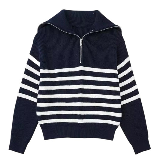 Navy blue striped knitted quarter-zip pullover sweater for women and teens, soft ribbed chunky knit with collared neckline and silver zipper, cozy oversized warm knitwear perfect for fall autumn winter 2025, elegant nautical coastal preppy style inspired by Scandinavian fashion, Zara and Aritzia dupe sweater, shipping globally worldwide to US, UK, Canada, Europe, Australia and Asia.