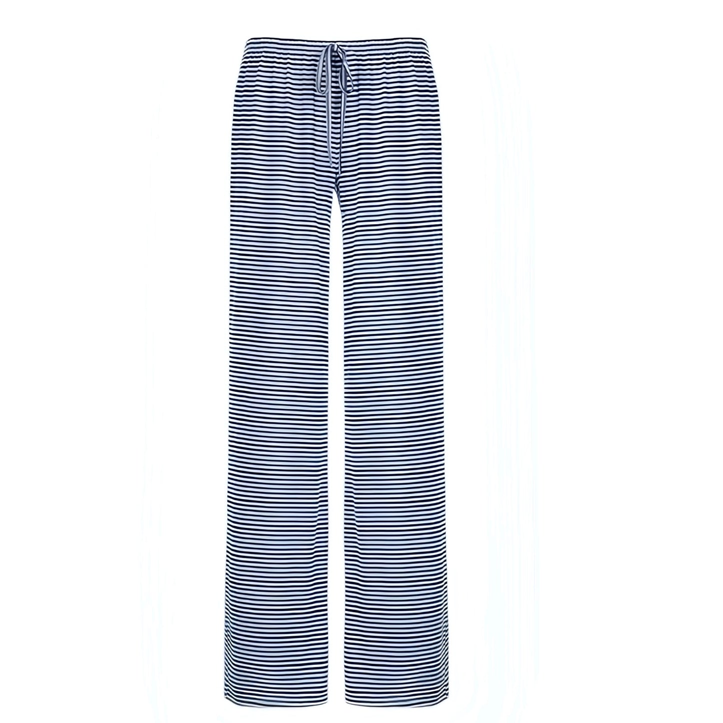 Navy blue and white striped low-rise slim fit flared drawstring pants for women featuring breathable cotton-blend stretch fabric and adjustable waistband. Lightweight and comfy full-length silhouette with horizontal pinstripe design inspired by nautical and coastal style. Perfect for casual wear, resort vacations, or summer holidays. Ships worldwide to the US, UK, Canada, Europe, Australia, and Asia.