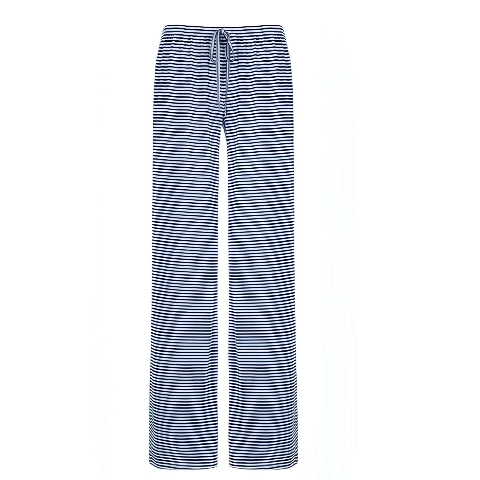 Navy blue and white striped low-rise slim fit flared drawstring pants for women featuring breathable cotton-blend stretch fabric and adjustable waistband. Lightweight and comfy full-length silhouette with horizontal pinstripe design inspired by nautical and coastal style. Perfect for casual wear, resort vacations, or summer holidays. Ships worldwide to the US, UK, Canada, Europe, Australia, and Asia.