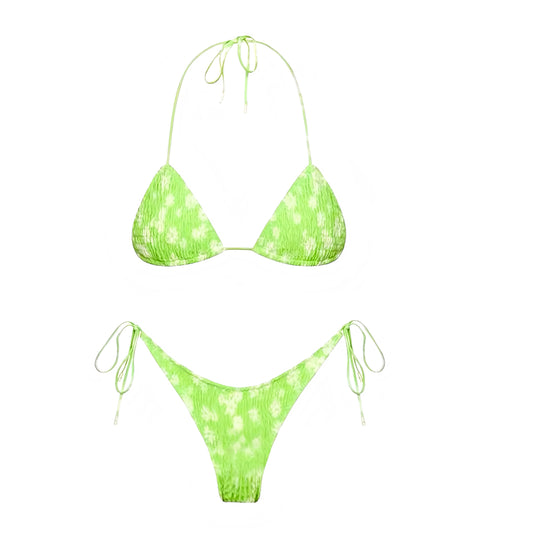 Neon Green Floral Print Ruched 2 Piece Triangle Bikini Set for women, teens, and ladies. Features light green and white floral pattern, ruched ribbed wireless wire-free triangle bikini top with halter v neck, spaghetti straps, string tie, sleeveless backless style, and matching bikini bottoms in cheeky, thong, or full coverage. Sexy feminine summer 2025 swimwear, tropical vacation, Hawaii beach, Y2K chic trendy fashion. Ships globally to US, Australia, New Zealand, UK, Canada, Europe, Asia, Germany, France,
