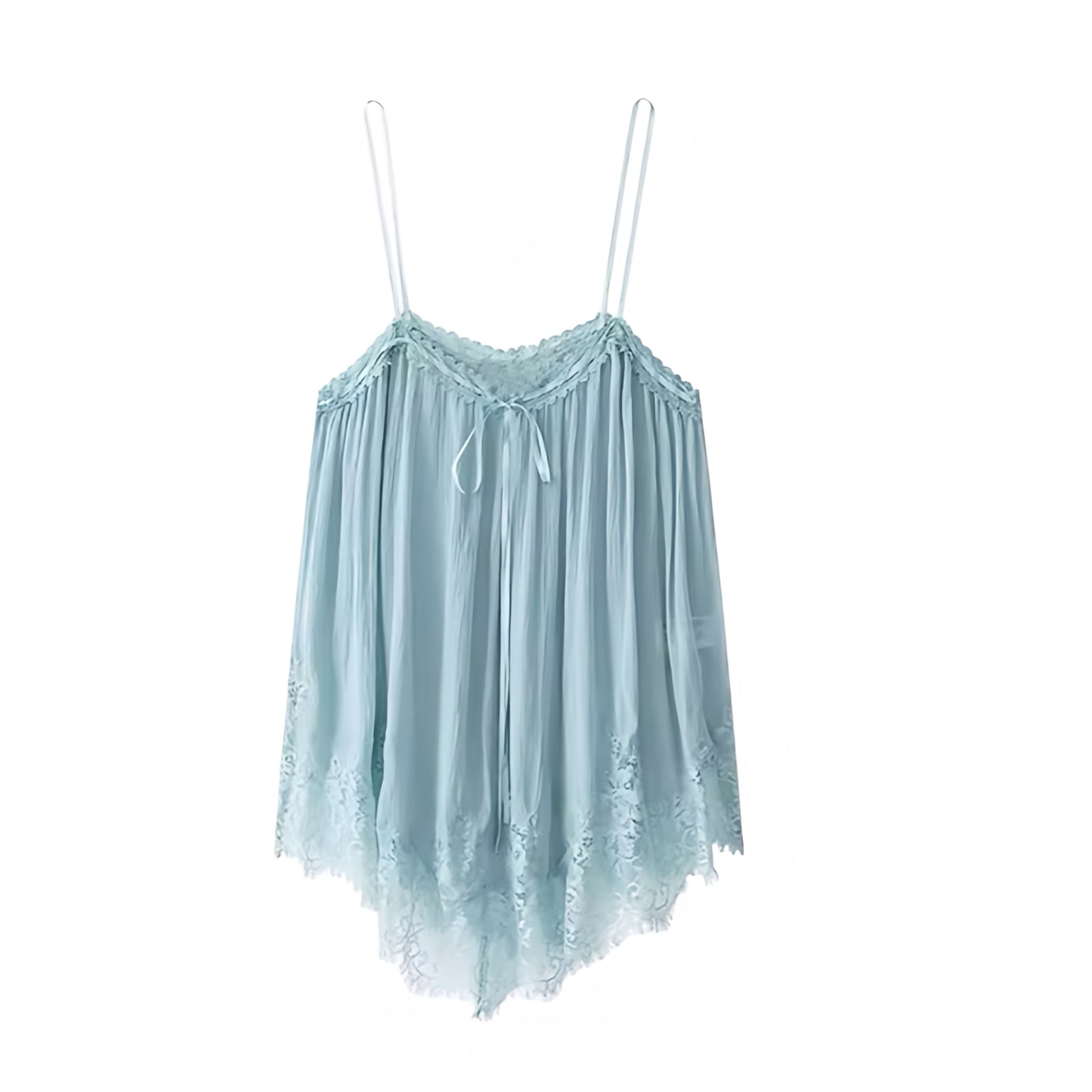 Ocean blue light blue baby blue pastel blue lace trim floral v-neck camisole tank top with satin silk flowy sheath ruffle trim plisse pleated tiered flared peplum ruched design. Slim fit skinny fit sleeveless spaghetti strap backless crop blouse for women, teens, and ladies. Chic trendy casual elegant sexy summer top for beach vacation, euro summer, Ibiza fashion, rave outfit, festival outfit, fairycore, party, club wear, night out, boho chic style, coquette aesthetic, y2k fashion, mermaidcore.