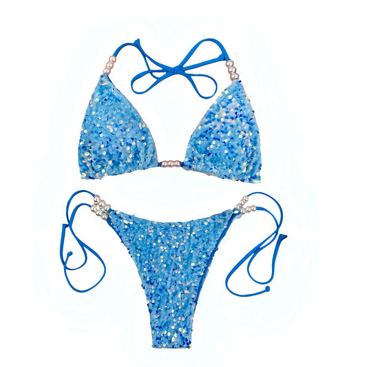 Ocean blue sea blue royal blue sequin embellished beaded pearl bead triangle string bikini set with spaghetti strap 2 piece matching swimwear. Sparkly glittery shimmery bikini in slim fit skinny fit wireless wire free halter tie neck v neck backless thong string design. Chic beach vacation swimwear for womens teens ladies perfect euro summer Ibiza style rave festival outfit disco party beach club resort wear mermaidcore tropicalcore Florida aesthetic y2k fashion hot girl summer ocean inspired bikini.
