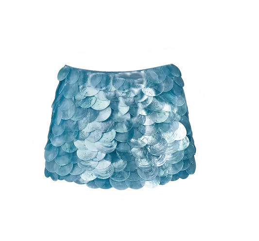 Ocean blue sequin shell embellished iridescent seashell-inspired low-rise slim fit sheath pencil short mini skirt for women and teens, sexy trendy mermaid core Euro summer 2025 fashion, Ibiza style party outfit, boho chic clubwear rave festival skirt, chic night-out outfit with global shipping to USA, Canada, UK, Europe, and Australia.