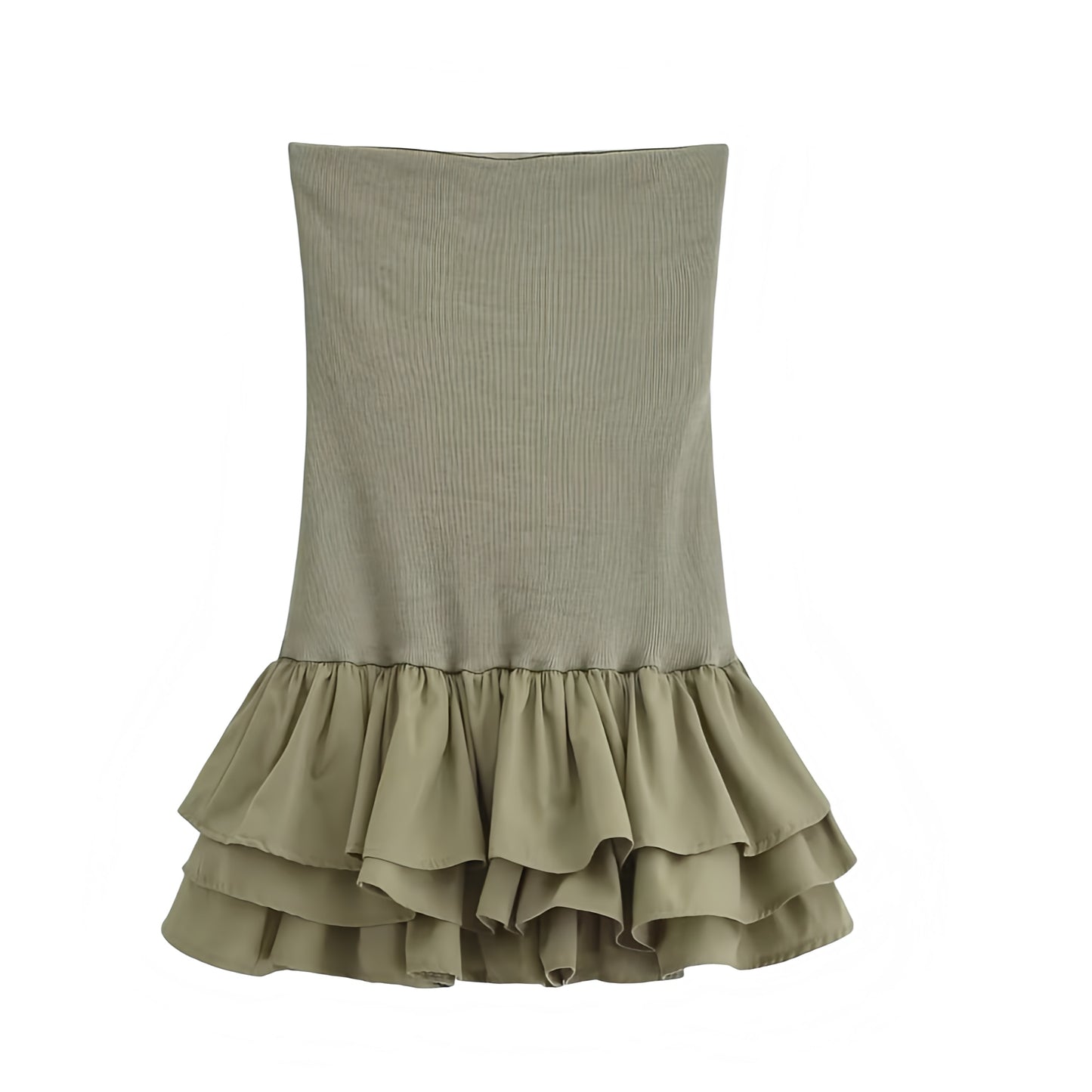 Olive Green Bodycon Layered Ruffle Drop Waist Strapless Mini Dress. Slim fit bodycon silhouette with chic layered ruffle trim, drop waist, flared tutu peplum hem, strapless sleeveless design, and square neckline. Short mini sundress for women, ladies, and teens seeking feminine fashion for holidays, vacations, casual everyday wear, school, sorority rush, prom, hoco, homecoming, dance, evening parties, night out, going-out looks, Euro summer, Stockholm style, boho chic, and preppy fashion. Ships worldwide 